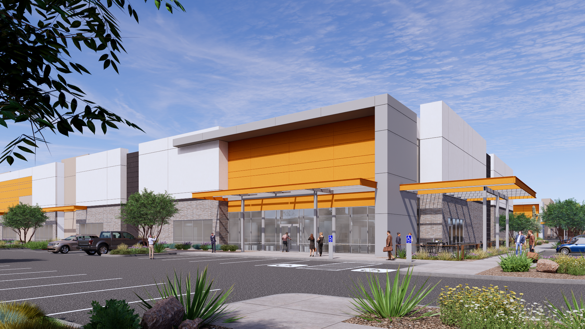 An artist's rendering of an industrial park office building. 