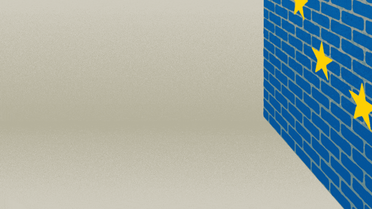 Animated illustration of a roomba moving toward a wall that looks like the European Union flag and hitting it three times.