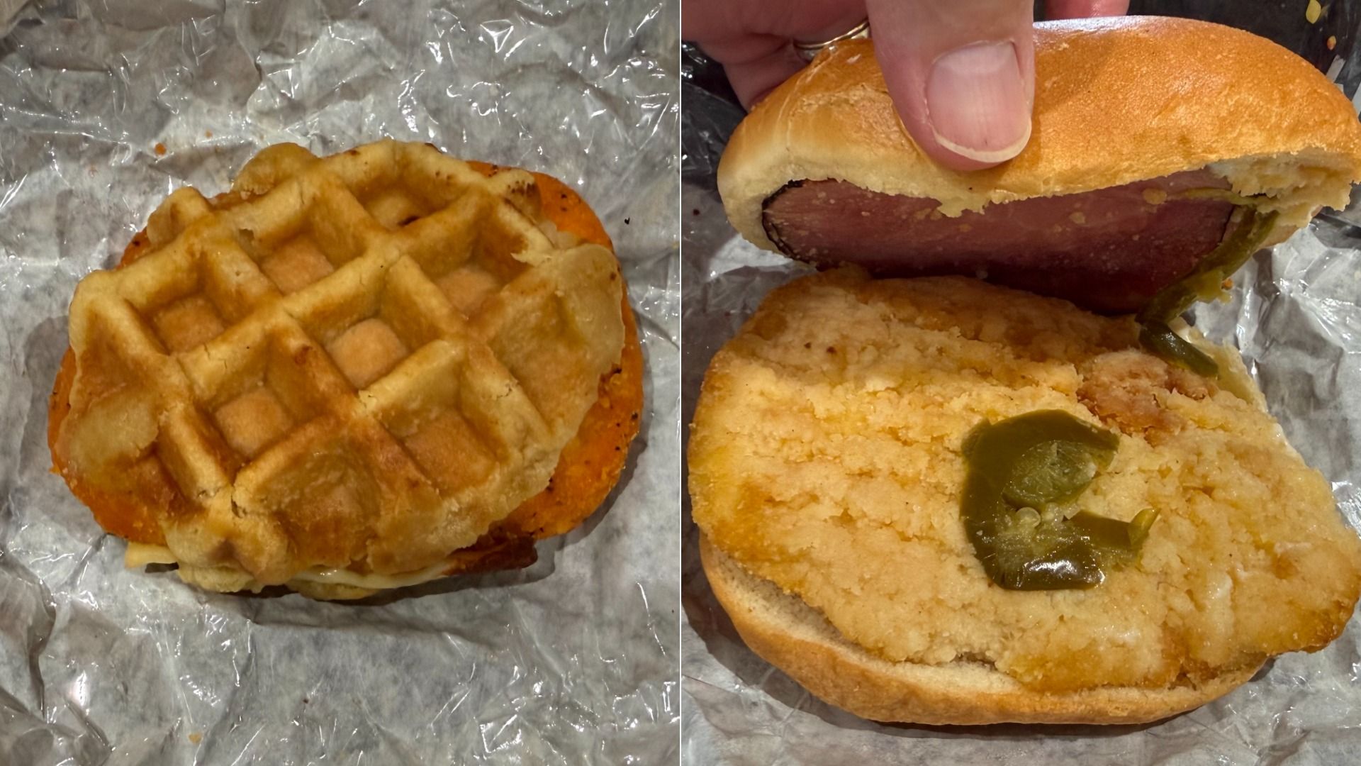 Collage of two sandwiches. Left: round, waffle bun over a breaded chicken patty. Right: hand-opened sandwich with bun; breaded chicken patty and a visible green jalapeño pepper at the edge.