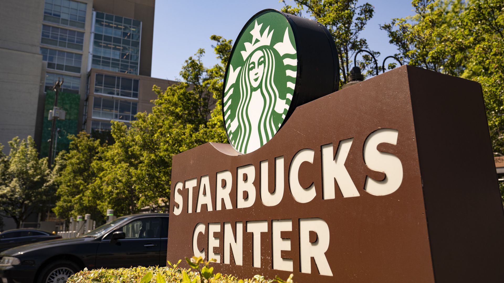 A sign reading Starbucks Center outside the company's headquarters. 