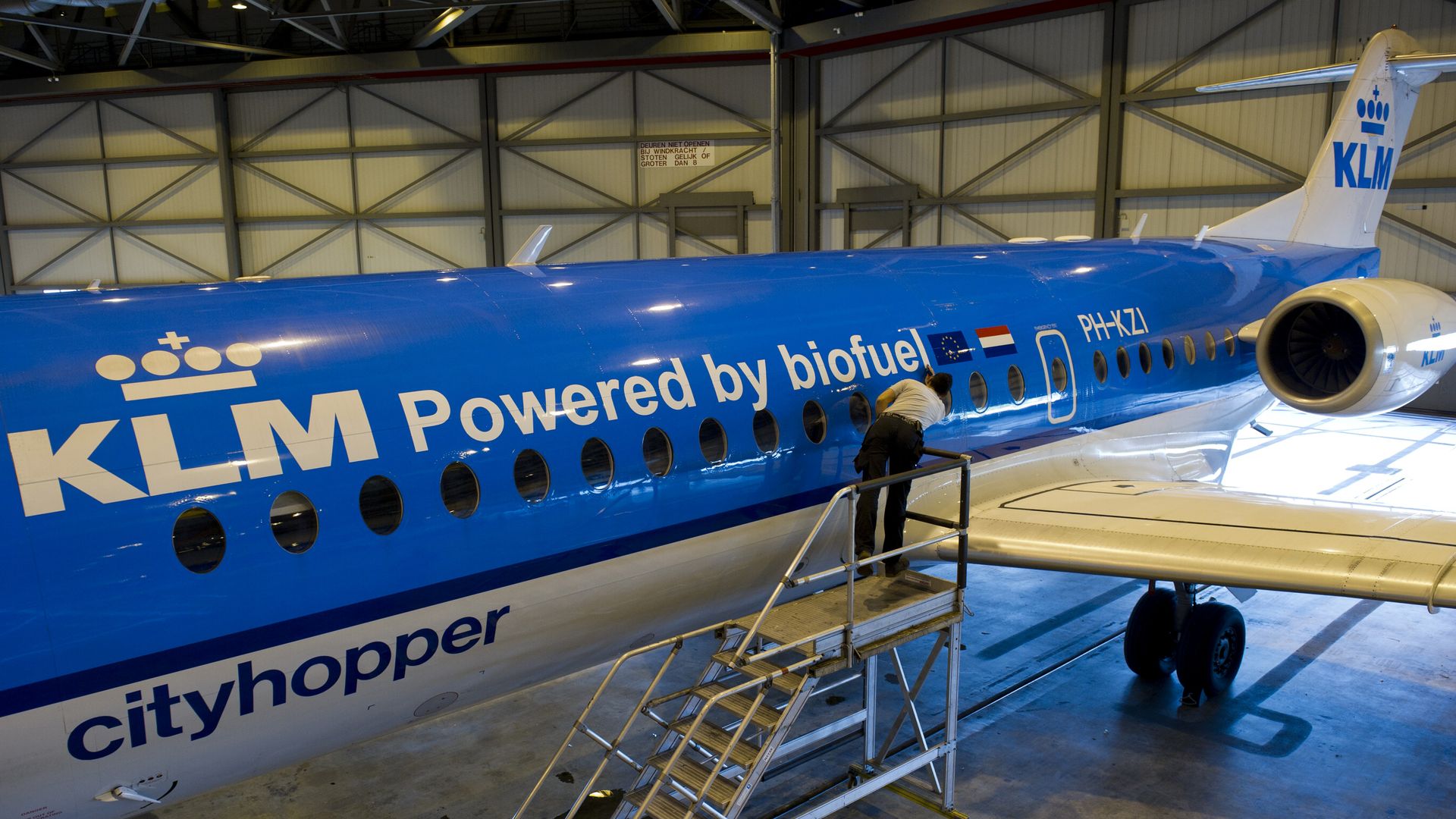 KLM Fokker 70 cityhopper airplane before its first flight using biofuel, in Schiphol, on August 31, 2011
