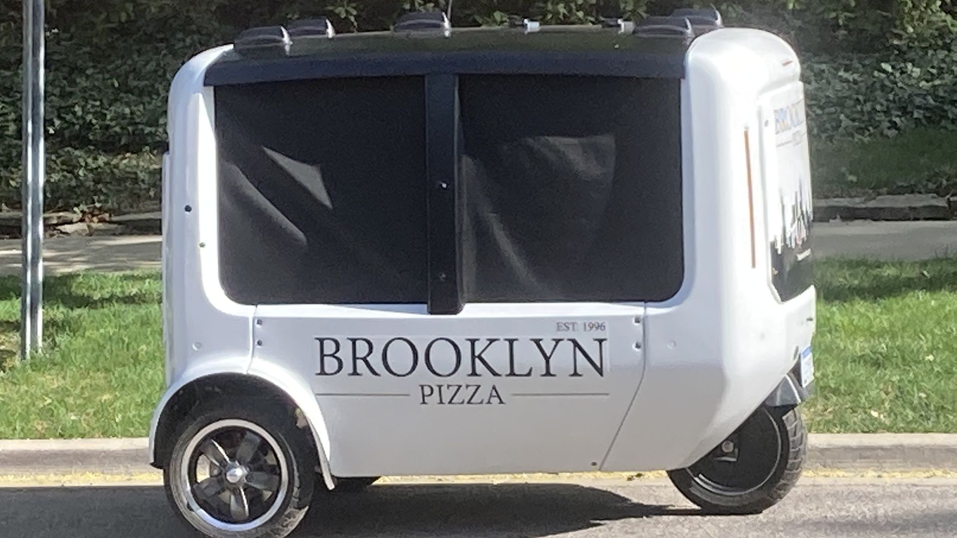 An autonomous pizza delivery robot.