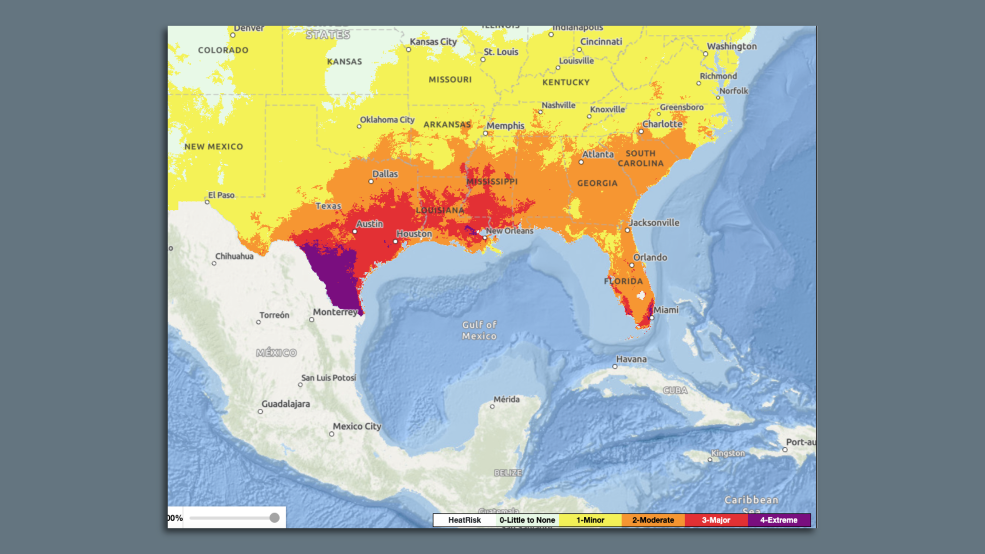Map showing the heat risk categories across the southern U.S. on Sunday.