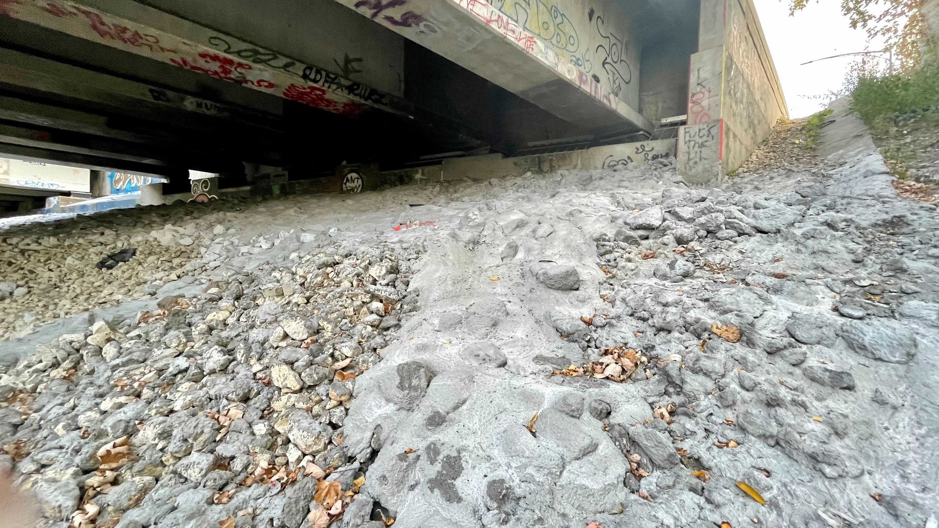 Riprap underneath a Des Moines bridge.