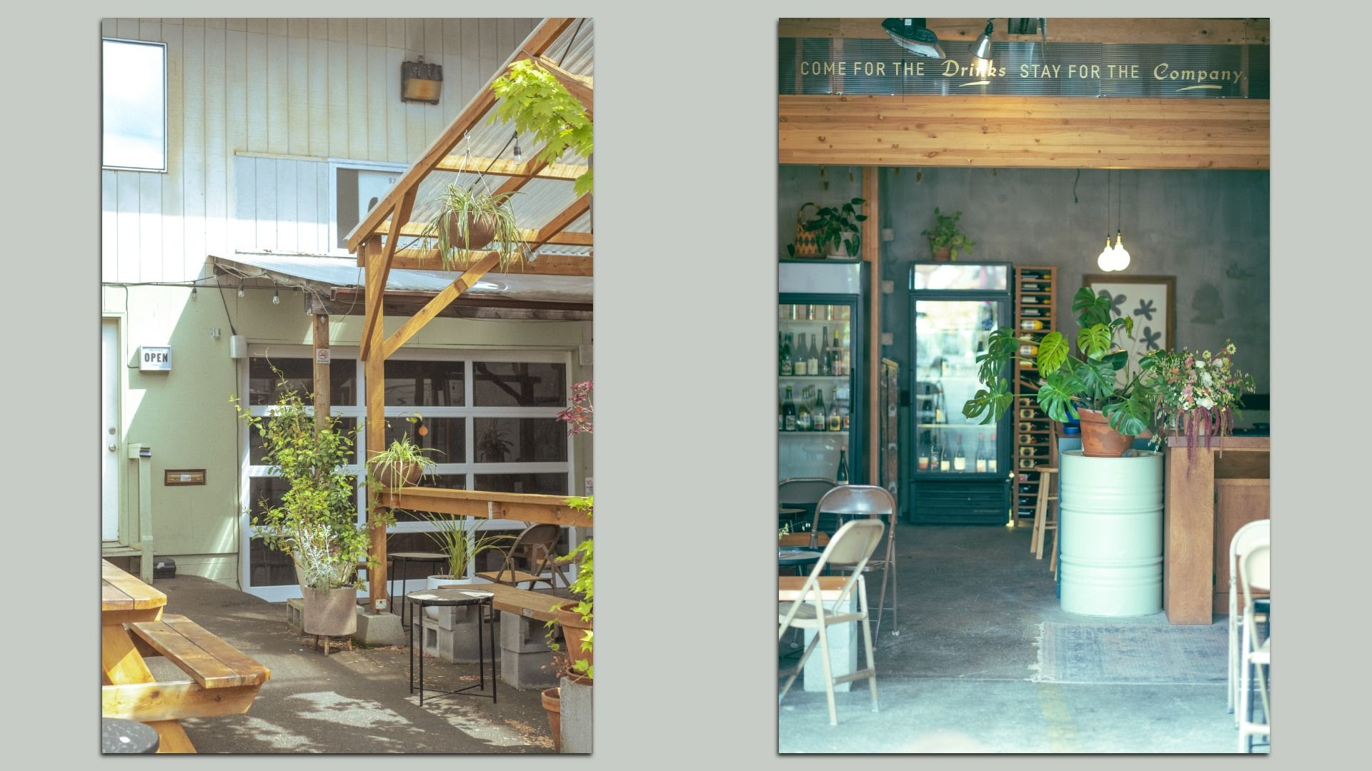 Outdoor and indoor café spaces with wooden benches, green plants, hanging light bulbs, and a sign reading \"COME FOR THE Drinks STAY FOR THE Company.\" Bright and inviting atmosphere.