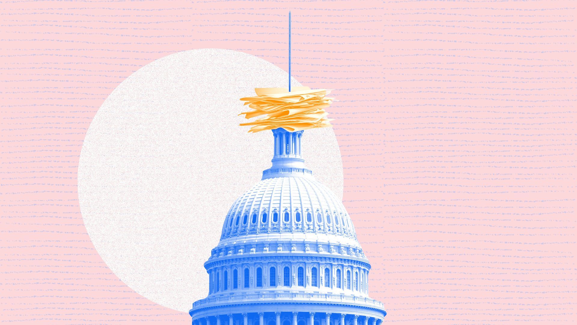 Illustration of the Capitol dome with a spike and stack of papers on the top. 