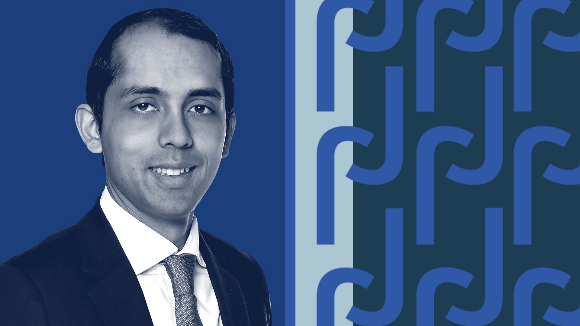 Photo illustration of Aniket Shah on a background of abstract Jefferies Group logos. 