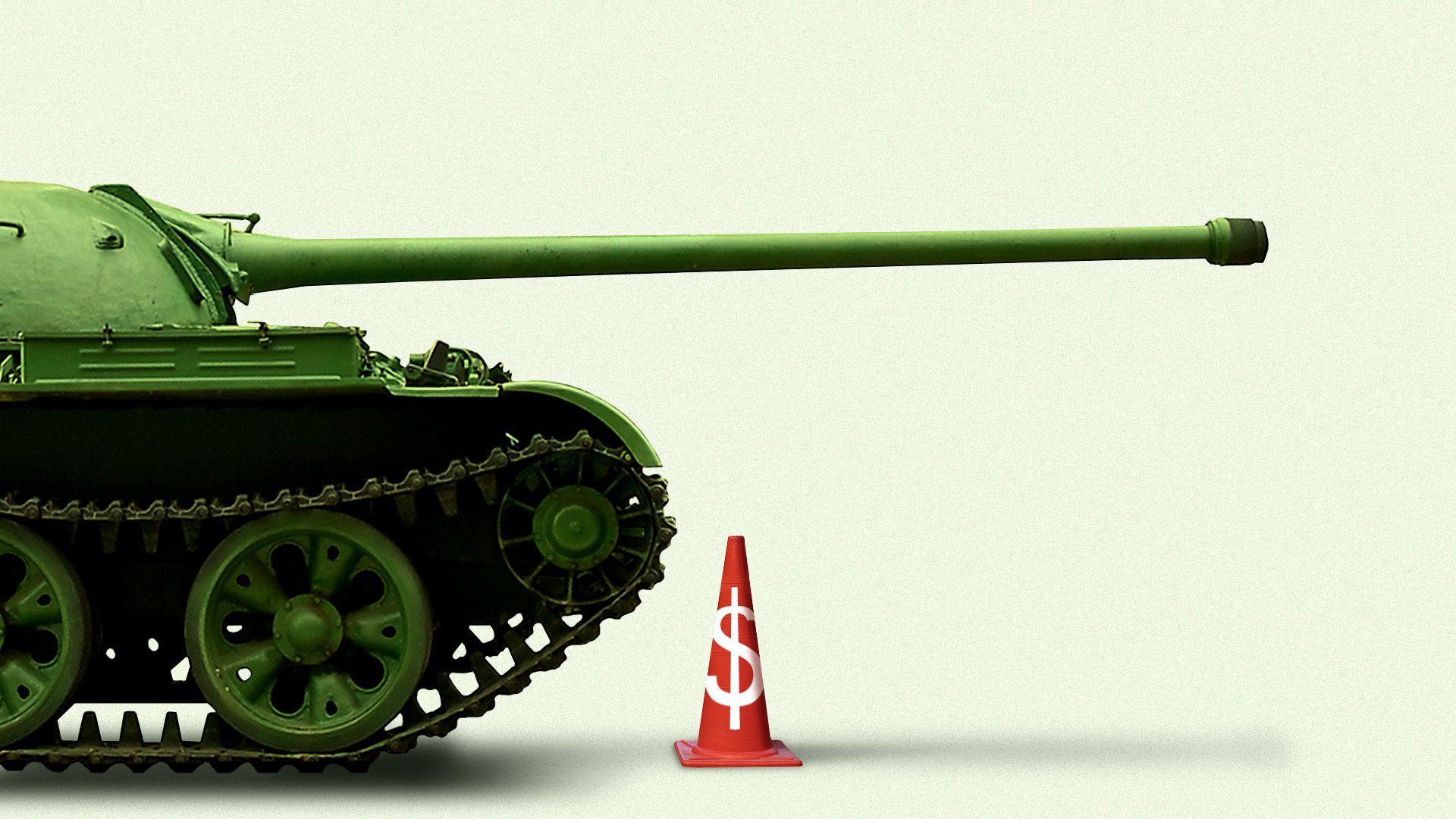 Illustration of roadwork cone with a dollar sign on it next to an army tank