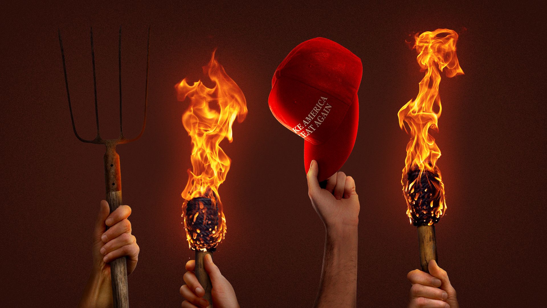 Illustration of an angry mob holding, torches, a pitchfork, and a MAGA hat.