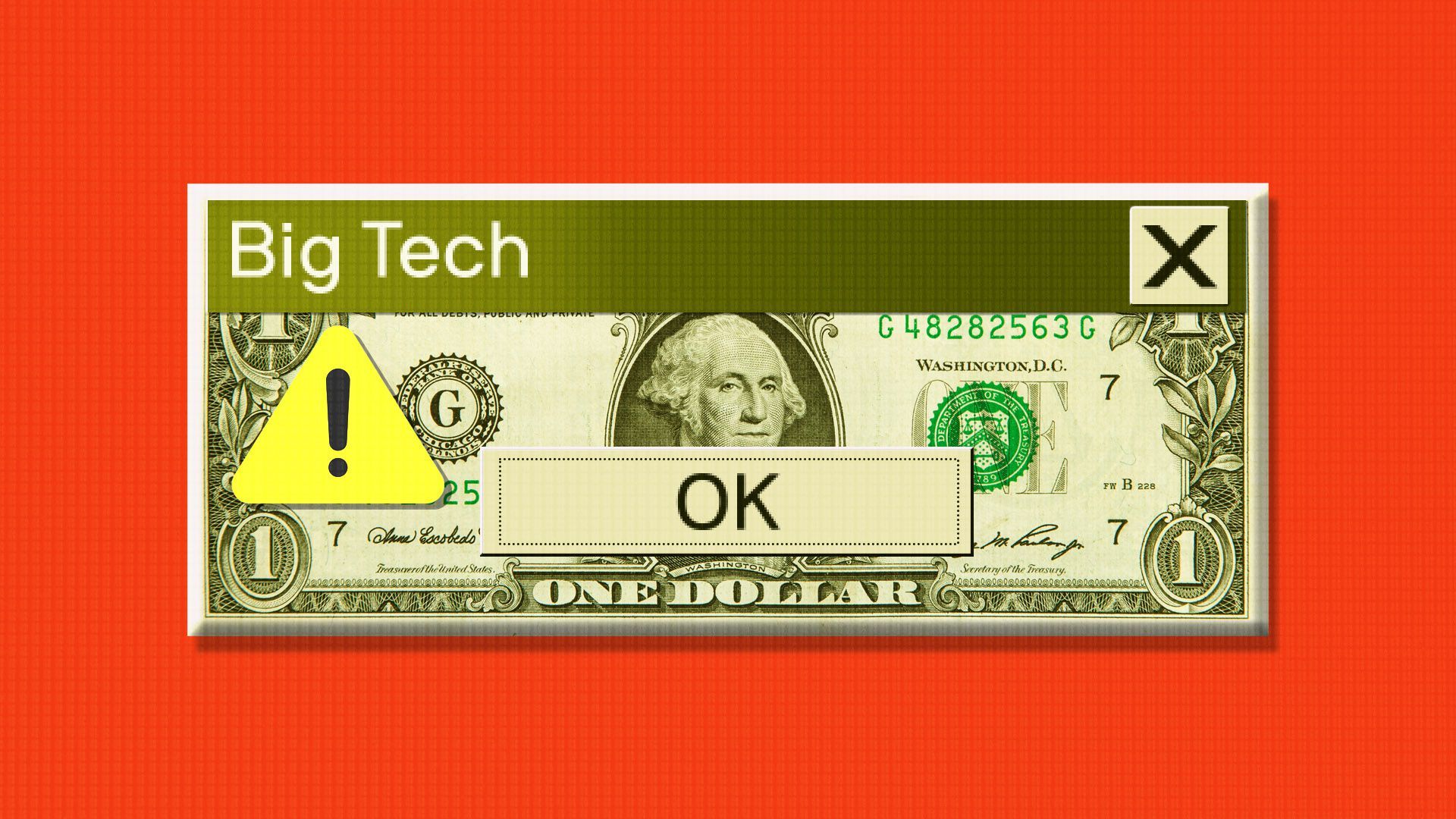 Illustration of a dollar shaped like a computer error dialogue box that reads 