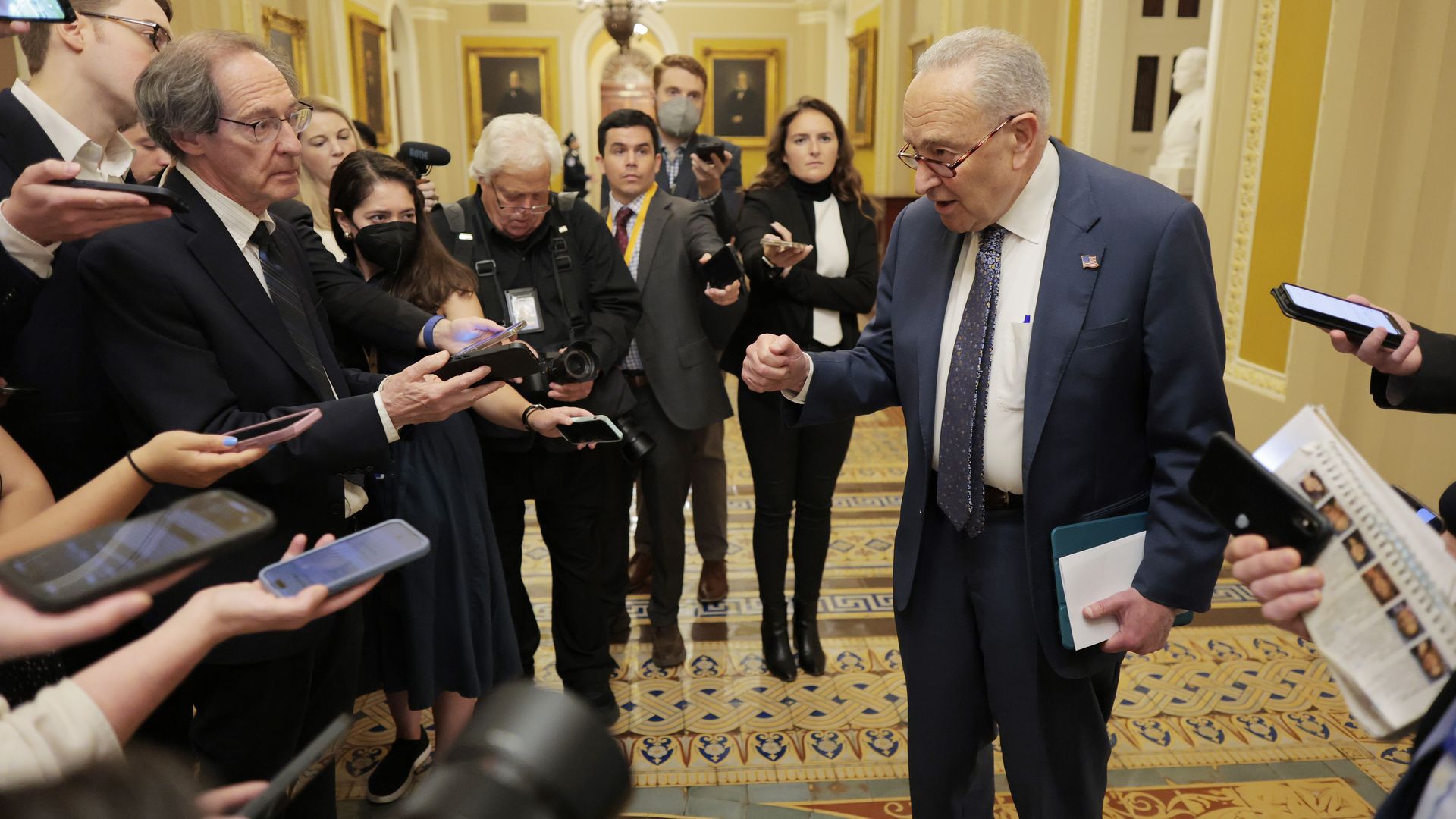 U.S. Senate Minority Leader Chuck Schumer (D-NY) speaks to reporters after attending a closed-door Senate-wide briefing on threats to lawmakers at the U.S. Capitol on June 17, 2025 in Washington, DC.