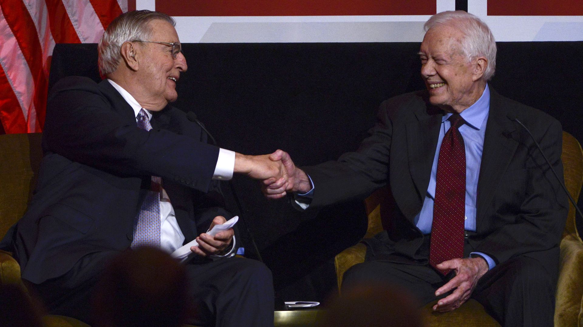  Former Vice President Walter Mondale speaks with President Jimmy Carter at a gala in honor of Walter Mondale at the Four Seasons Hotel on October 20, 2015