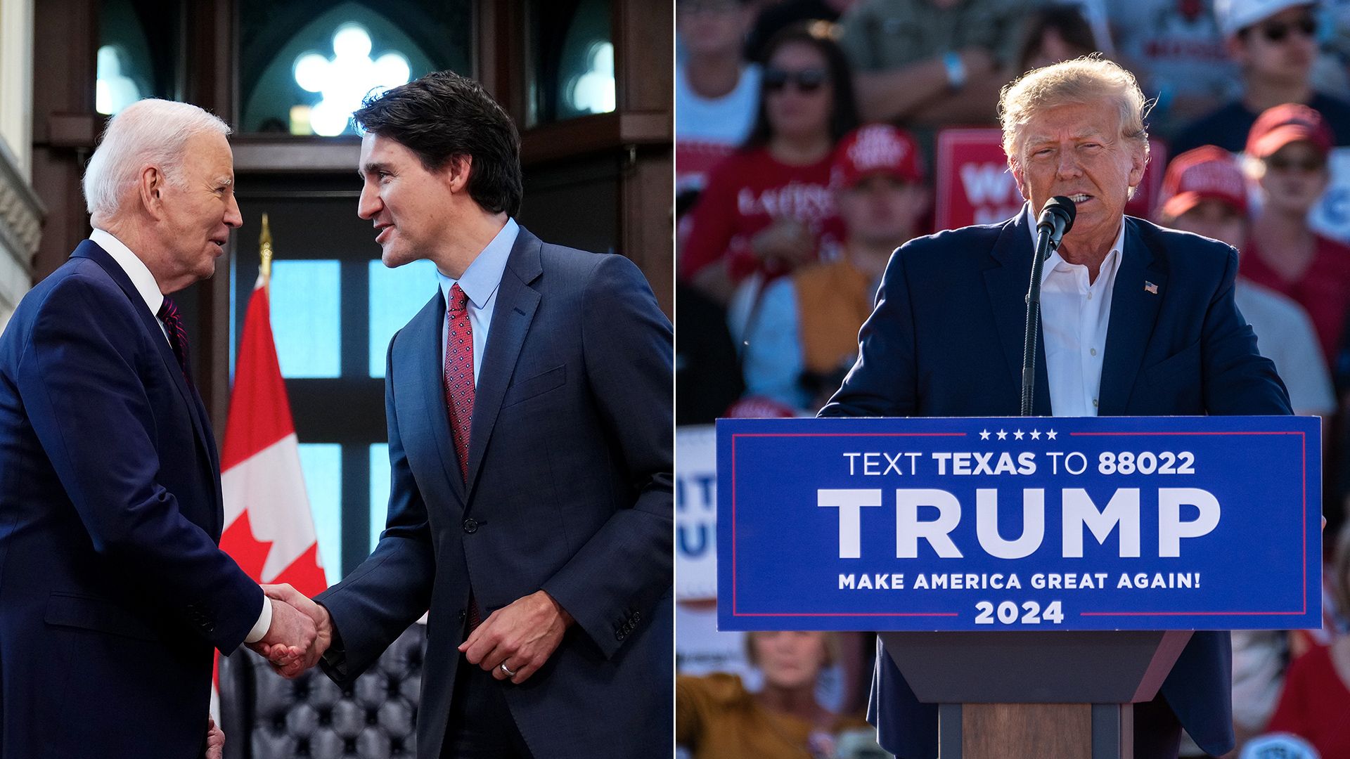 President Biden meets with Canadian Prime Minister Justin Trudeau Ottawa on Friday (left); former President Trump speaks to supporters at a rally in Waco, Texas, on Saturday.