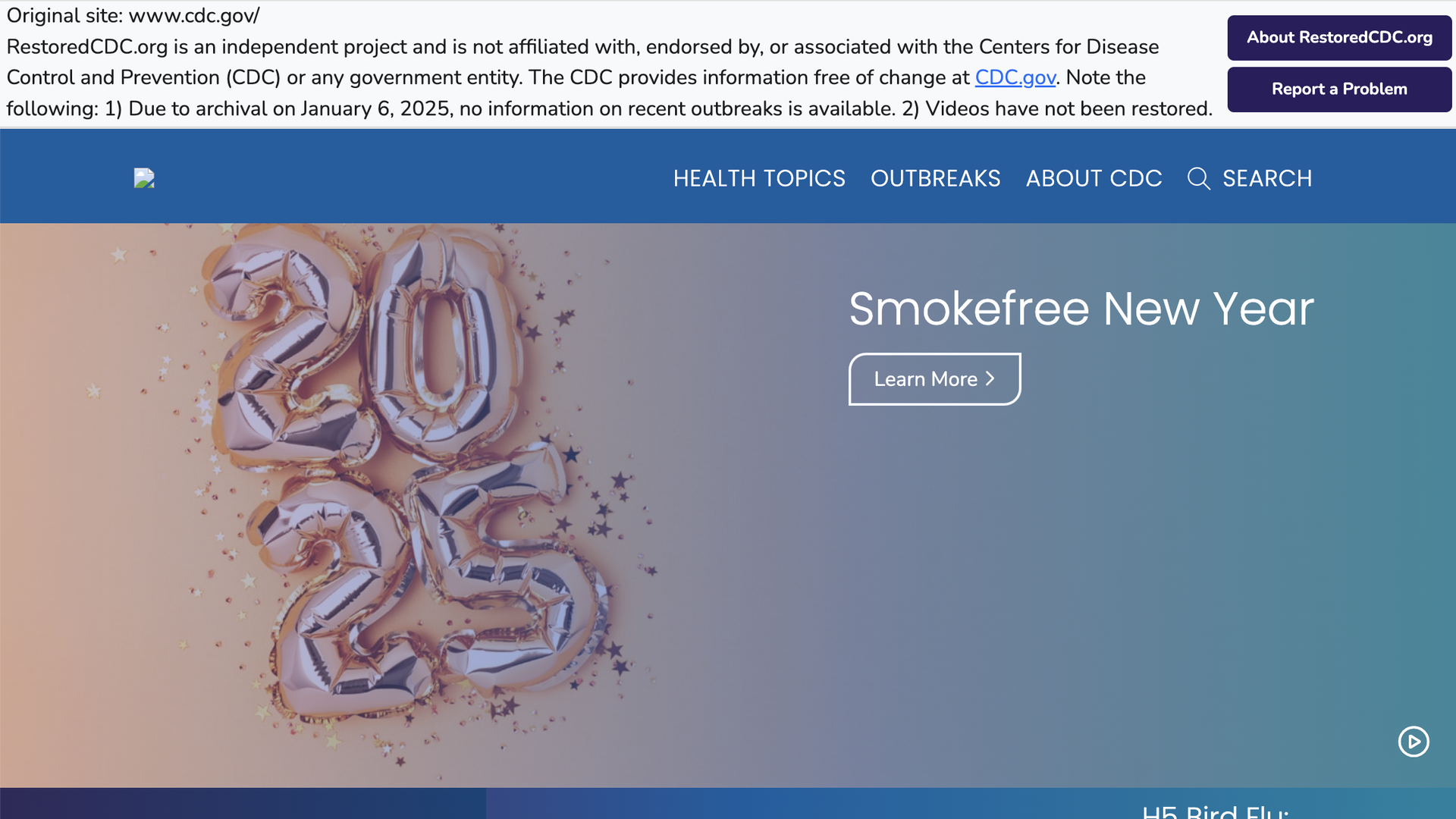 Screenshot of the restored CDC website homepage.
