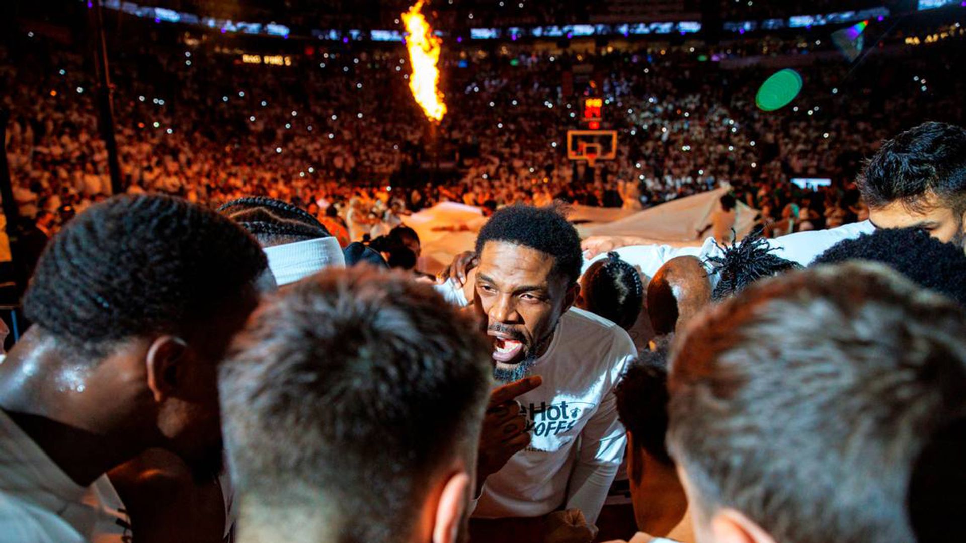Miami Heat forward Udonis Haslem (40) leads the huddle before the start of Game Seven of the NBA Eastern Conference Finals series against the Boston Celtics at FTX Arena in Miami on May 29, 2022. 