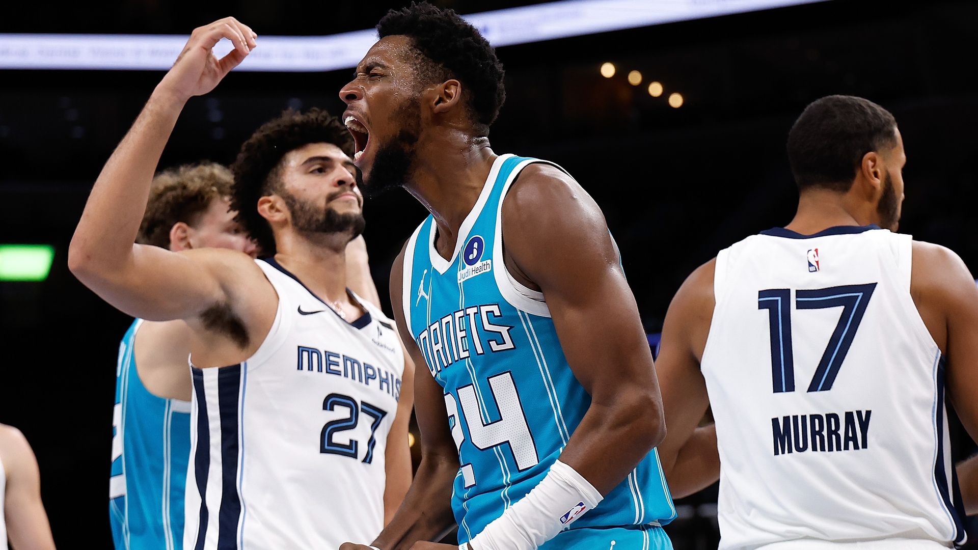 Brandon Miller #24 of the Charlotte Hornets reacts during the second half against the Memphis Grizzlies during a 2026 preseason game at FedExForum on October 16, 2026 in Memphis, Tennessee. NOTE TO USER: User expressly acknowledges and agrees that, by downloading and or using this photograph, User i