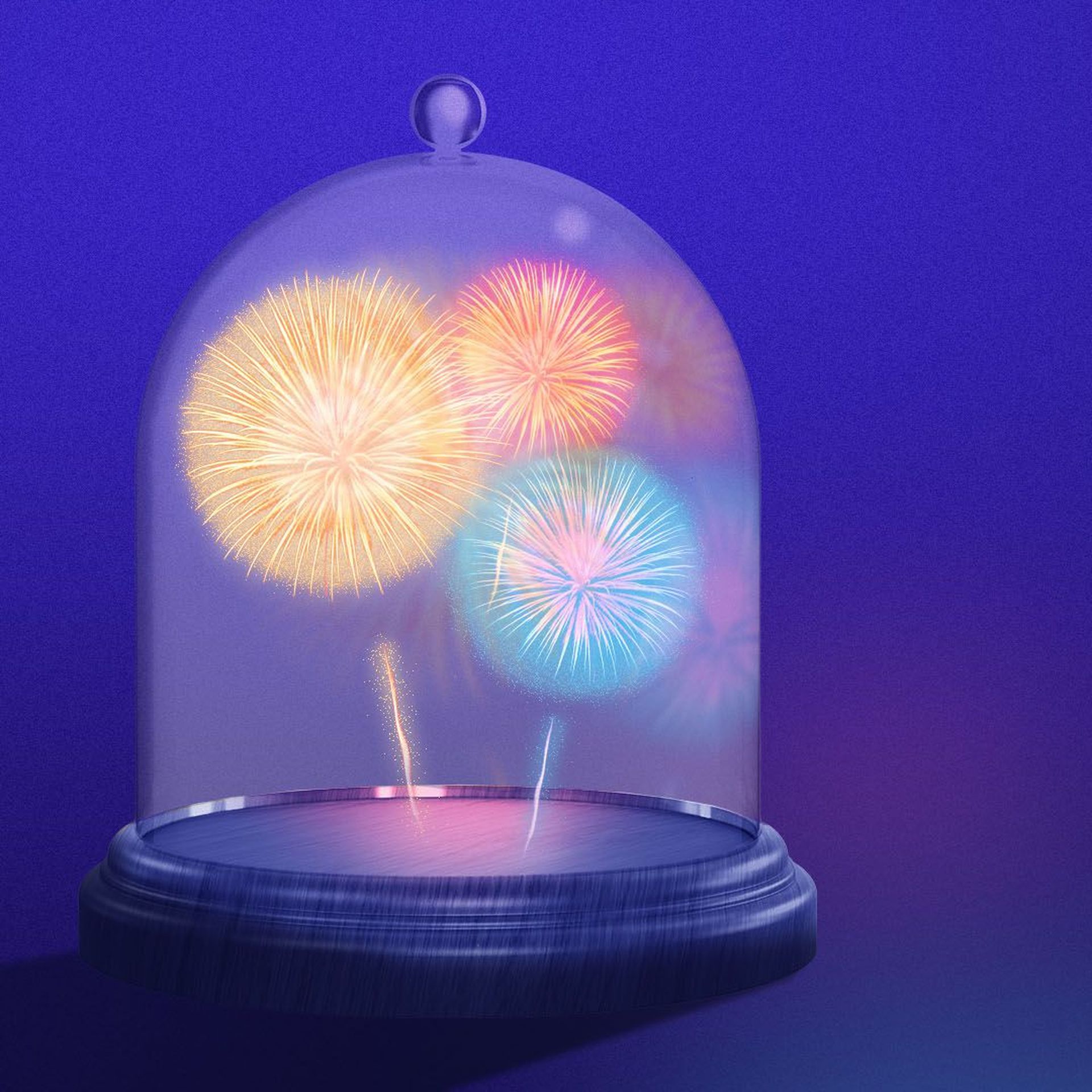 Illustration of a fireworks display under a glass bell jar
