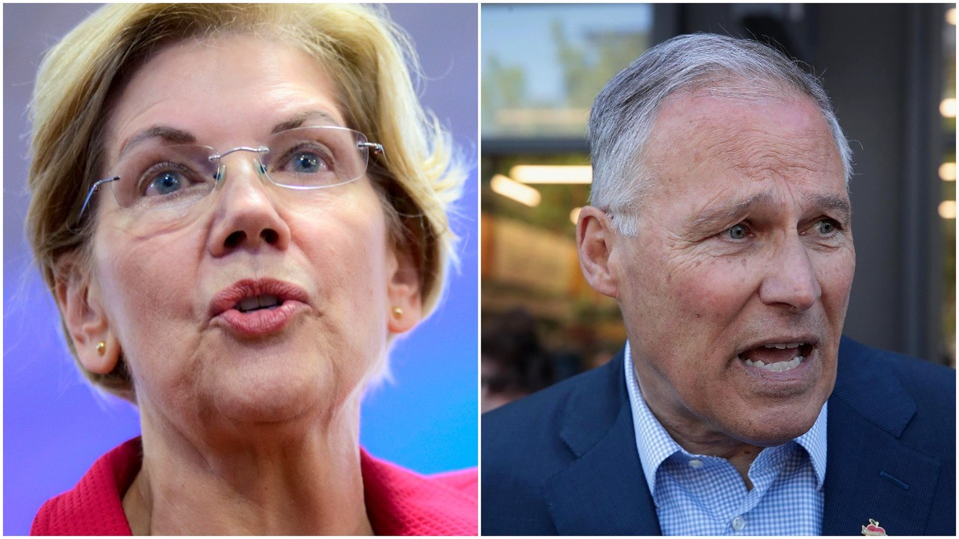 This image is a two way split screen of Elizabeth Warren and Jay Inslee.