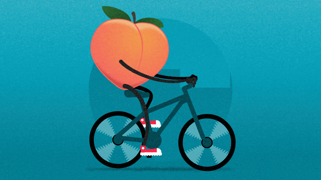 Illustration of a peach with arms and legs riding a blue bicycle against a teal background.