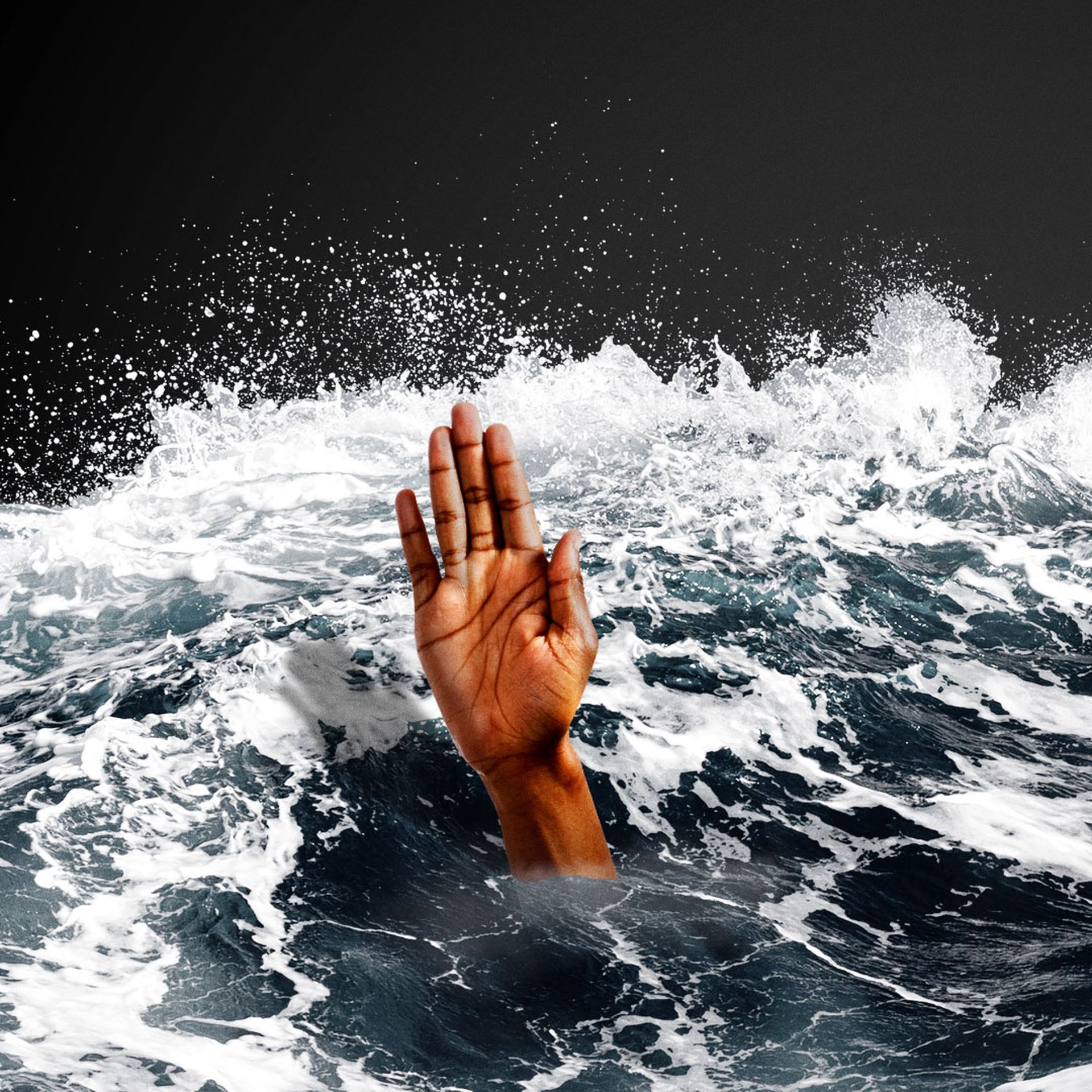 Illustration of black hand reaching out of rough water