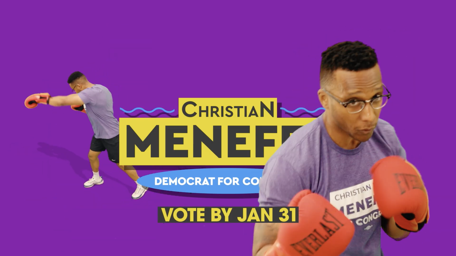 Vibrant purple campaign banner featuring two men in purple shirts and orange boxing gloves. Bold yellow logo with black text, a blue oval slogan, and a bottom caption reading VOTE BY JAN 31.
