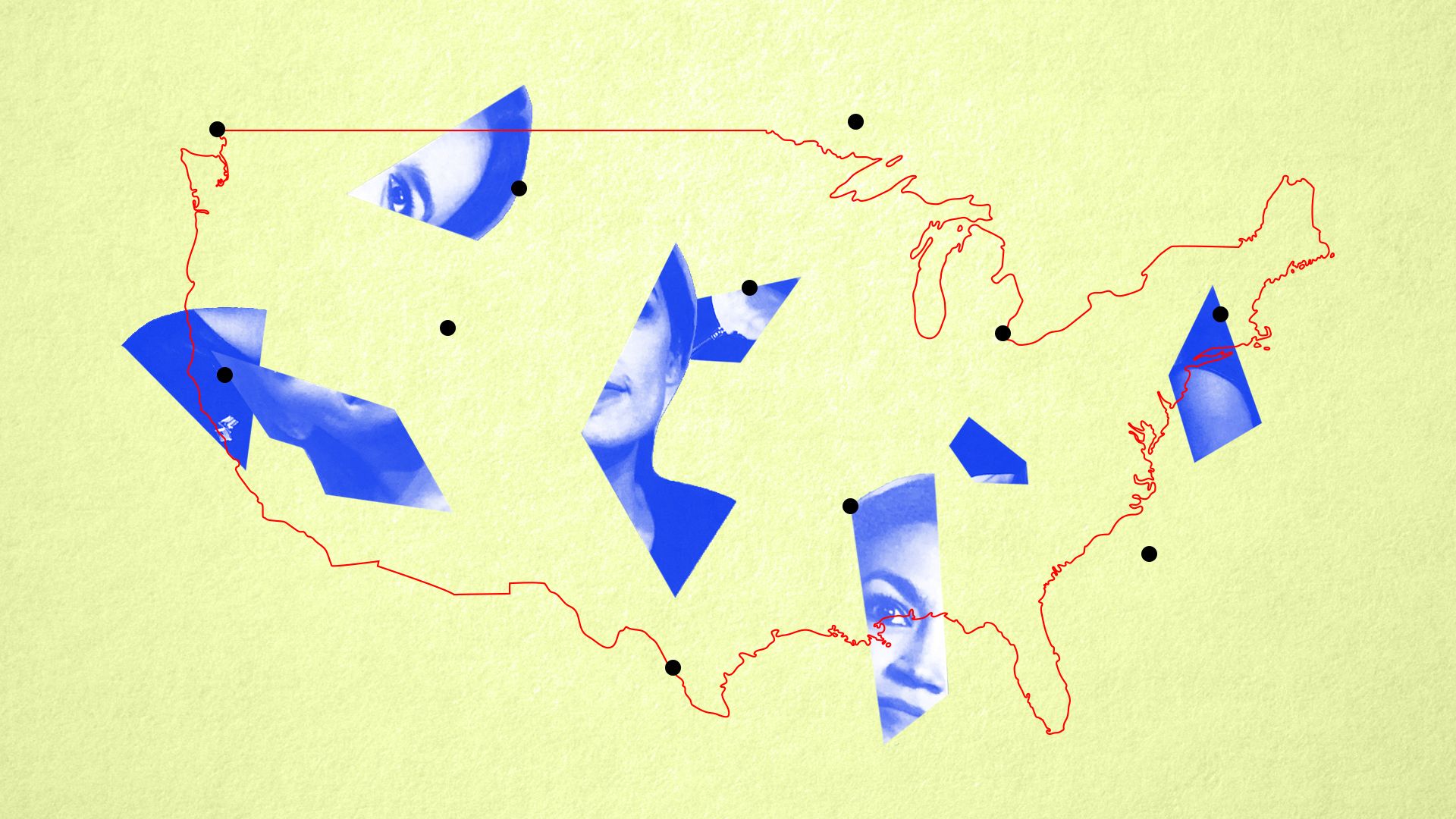 A map of the United States with images of Alexandria Ocasio-Cortez in blue