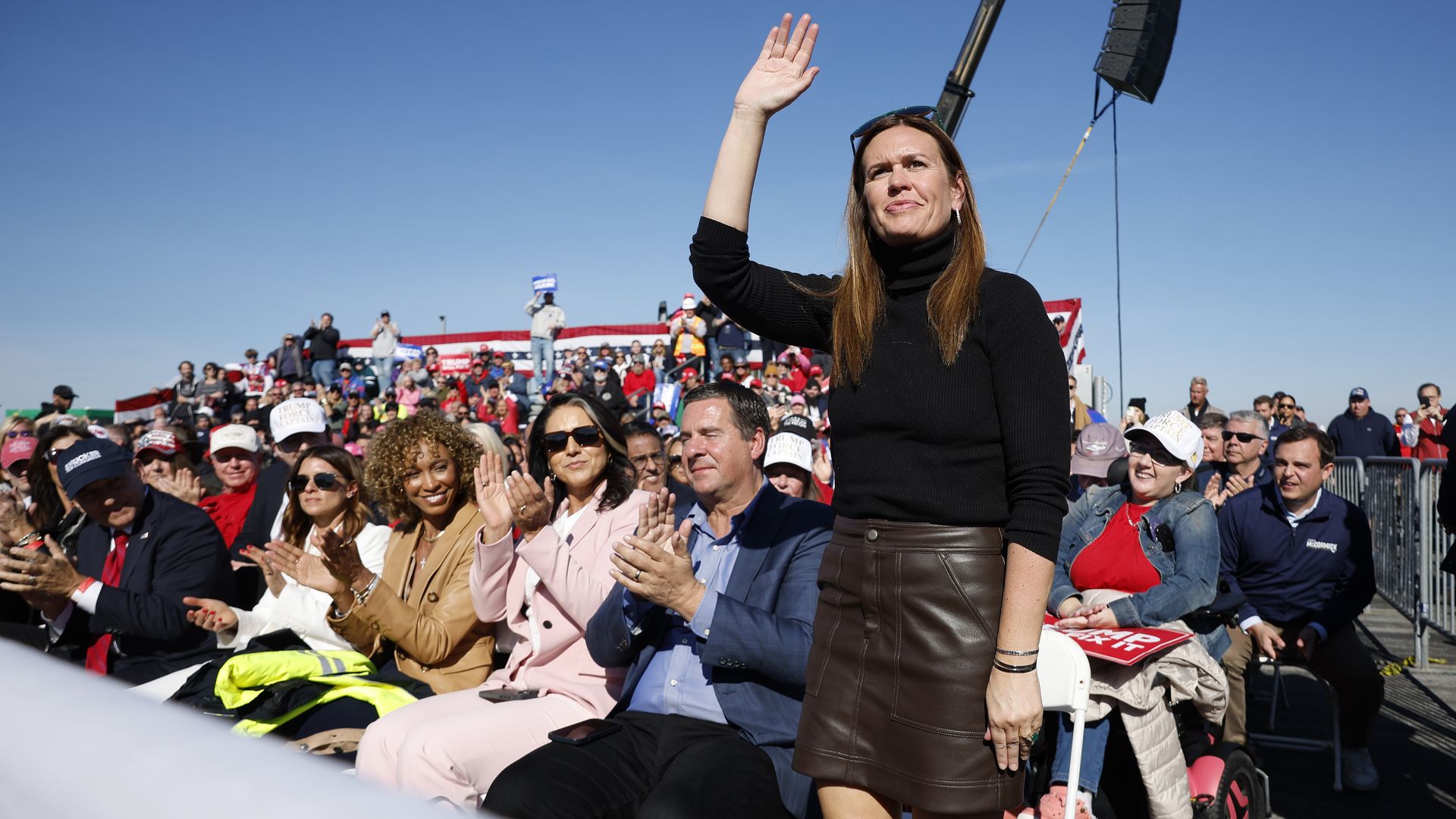 Arkansas Gov. Sarah Huckabee Sanders is introduced by Republican presidential nominee, former U.S. President Donald Trump during a campaign rally at Lancaster Airport on November 03, 2024 in Lititz, Pennsylvania. 
