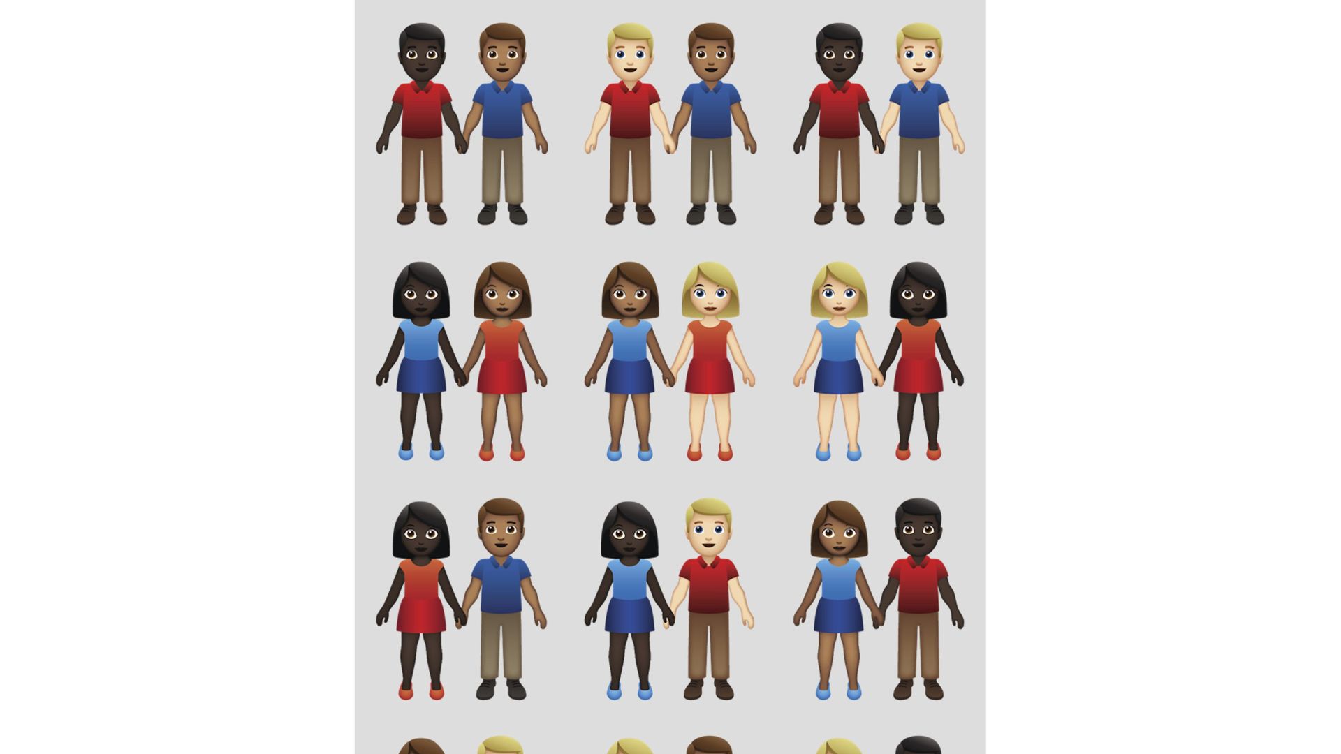 emojis couples of different skin tones holding hands.