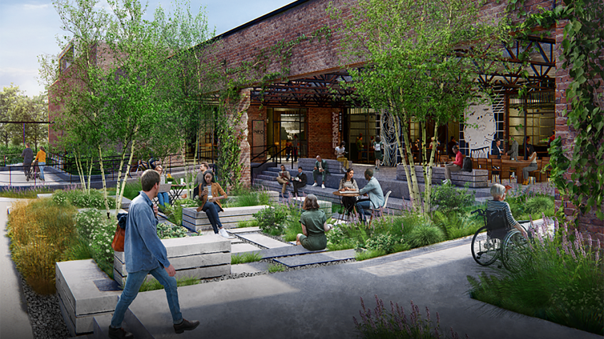 Digital rendering of Camp North End space. There's a large, open, brick building and a front patio with trees an green space. 