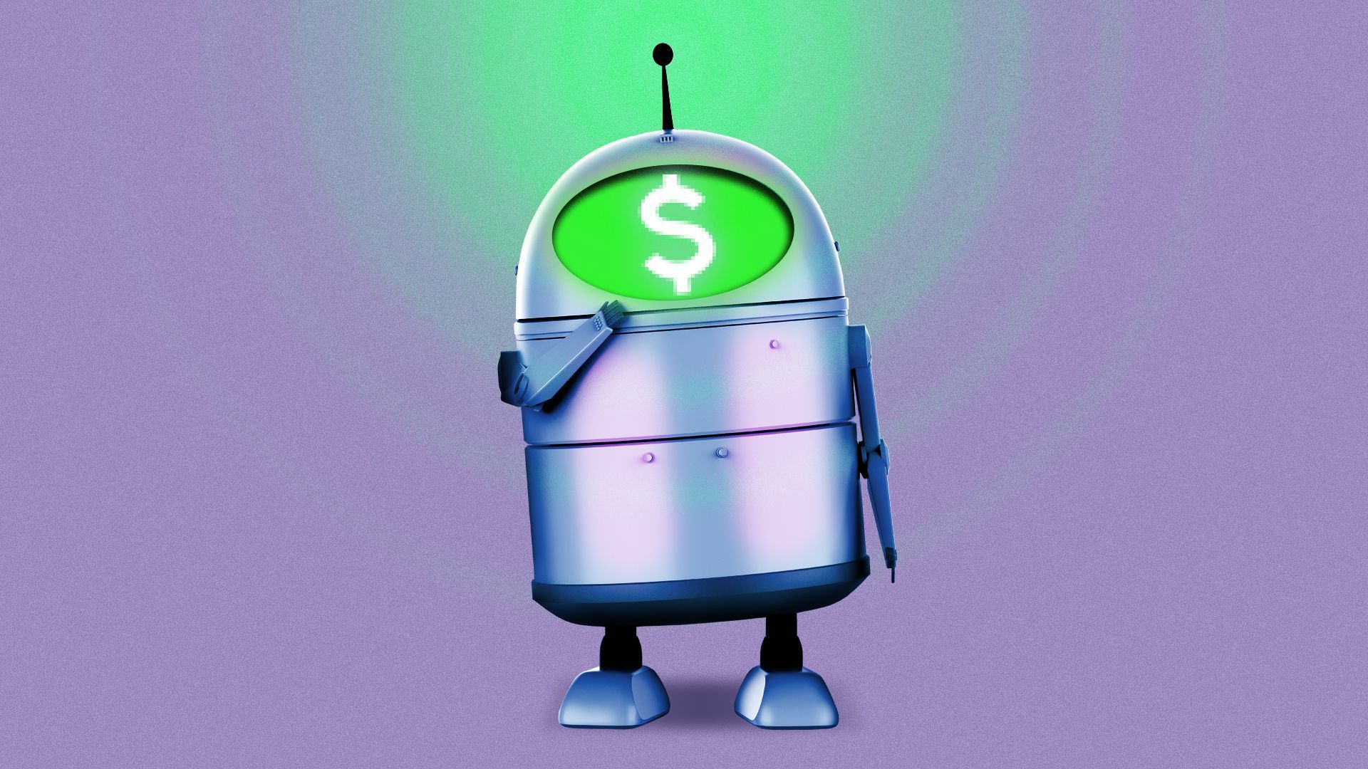 An illustration of a robot with an illuminated money symbol in it's display.