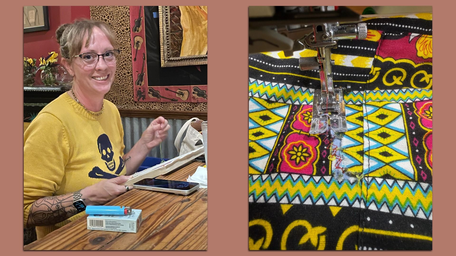 Left: smiling woman with glasses in a yellow skull-print shirt sits at a table with a phone. Right: sewing machine foot on bright geometric fabric with yellow, pink, blue patterns.