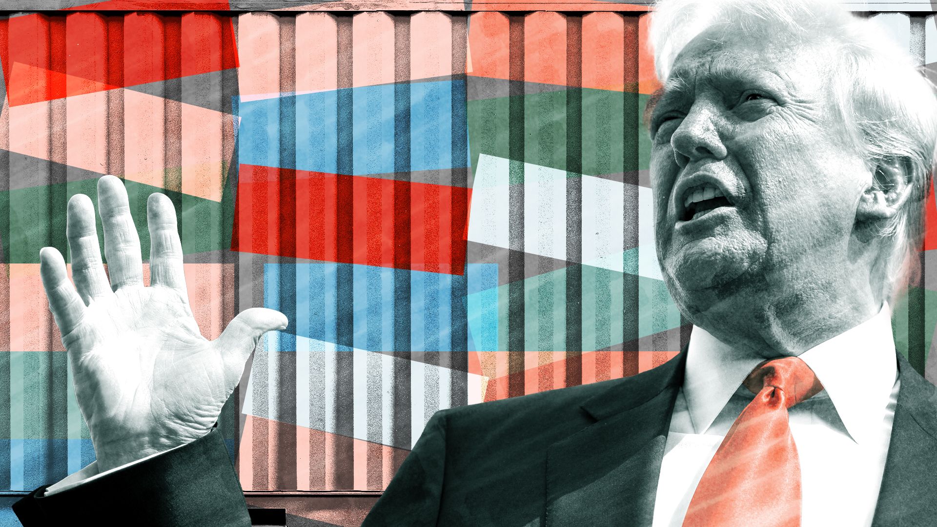 Photo illustration of President Donald Trump with a shipping container and various skewed rectangles 