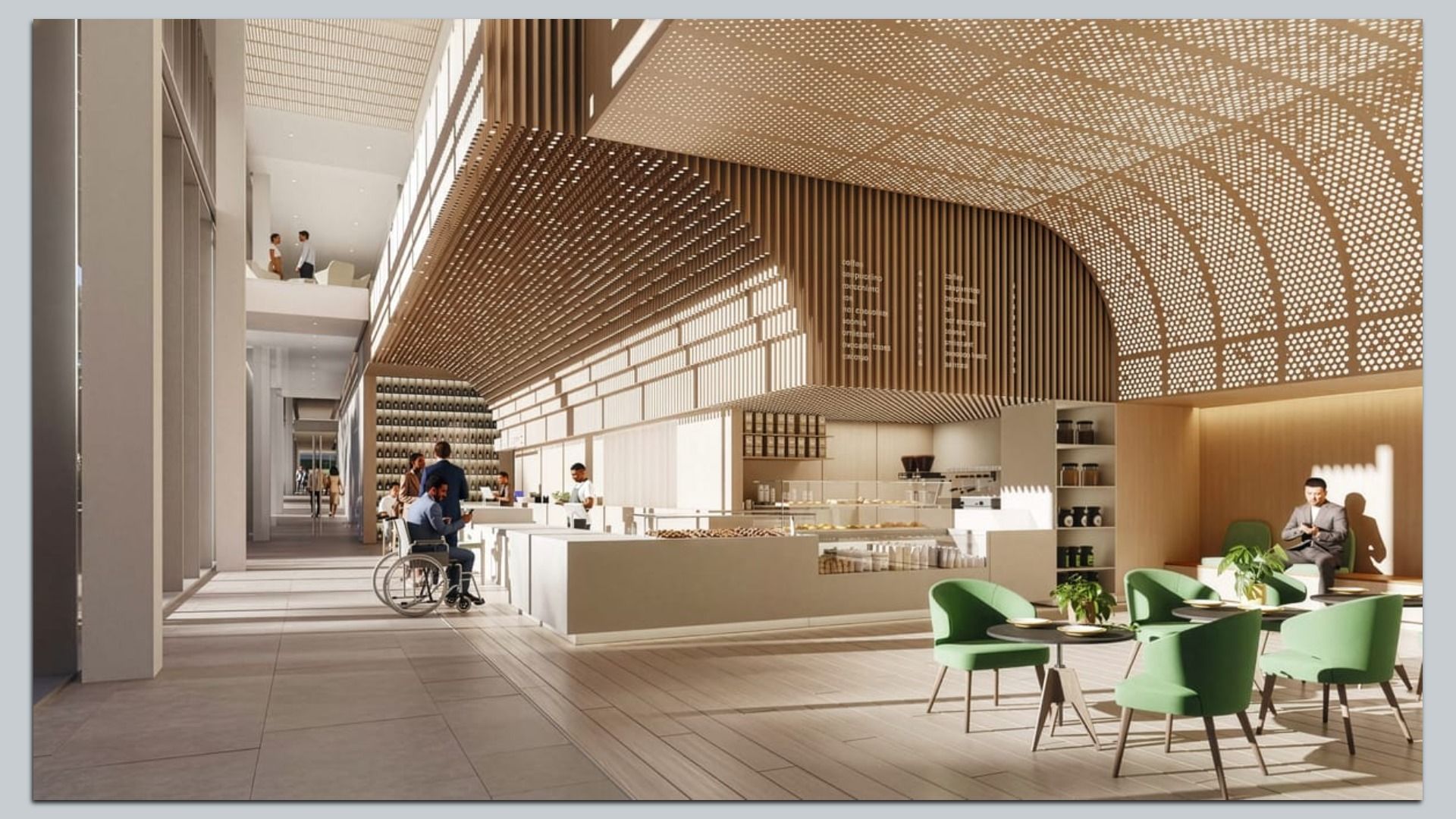 Bright modern cafe with wooden lattice ceiling, green chairs around small round tables, white counters, and people including one in a wheelchair, bathed in natural light.