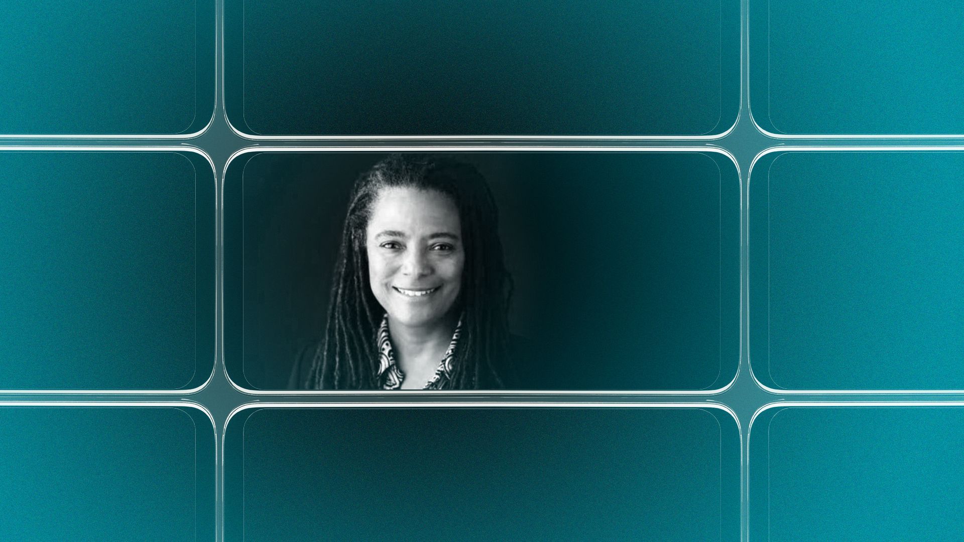 Photo illustration of a grid of smartphone screens, the center one showing an image of Nadine Smith.