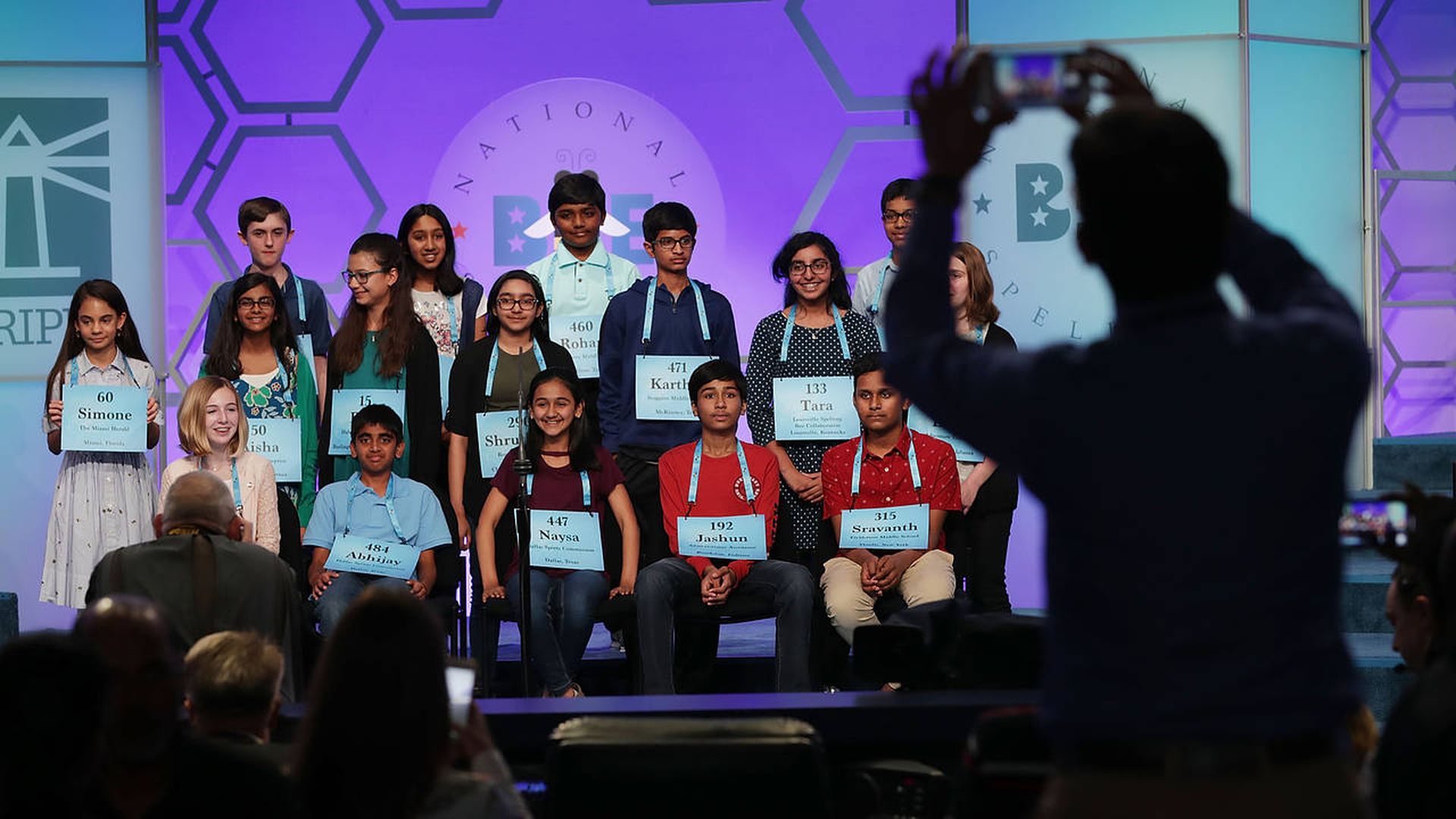 inalists posed at last year’s Scripps National Spelling Bee in National Harbor, Md., including eventual winner Karthik Nemmani (center, in dark blue shirt). PHOTO: CHIP SOMODEVILLA/GETTY IMAGES