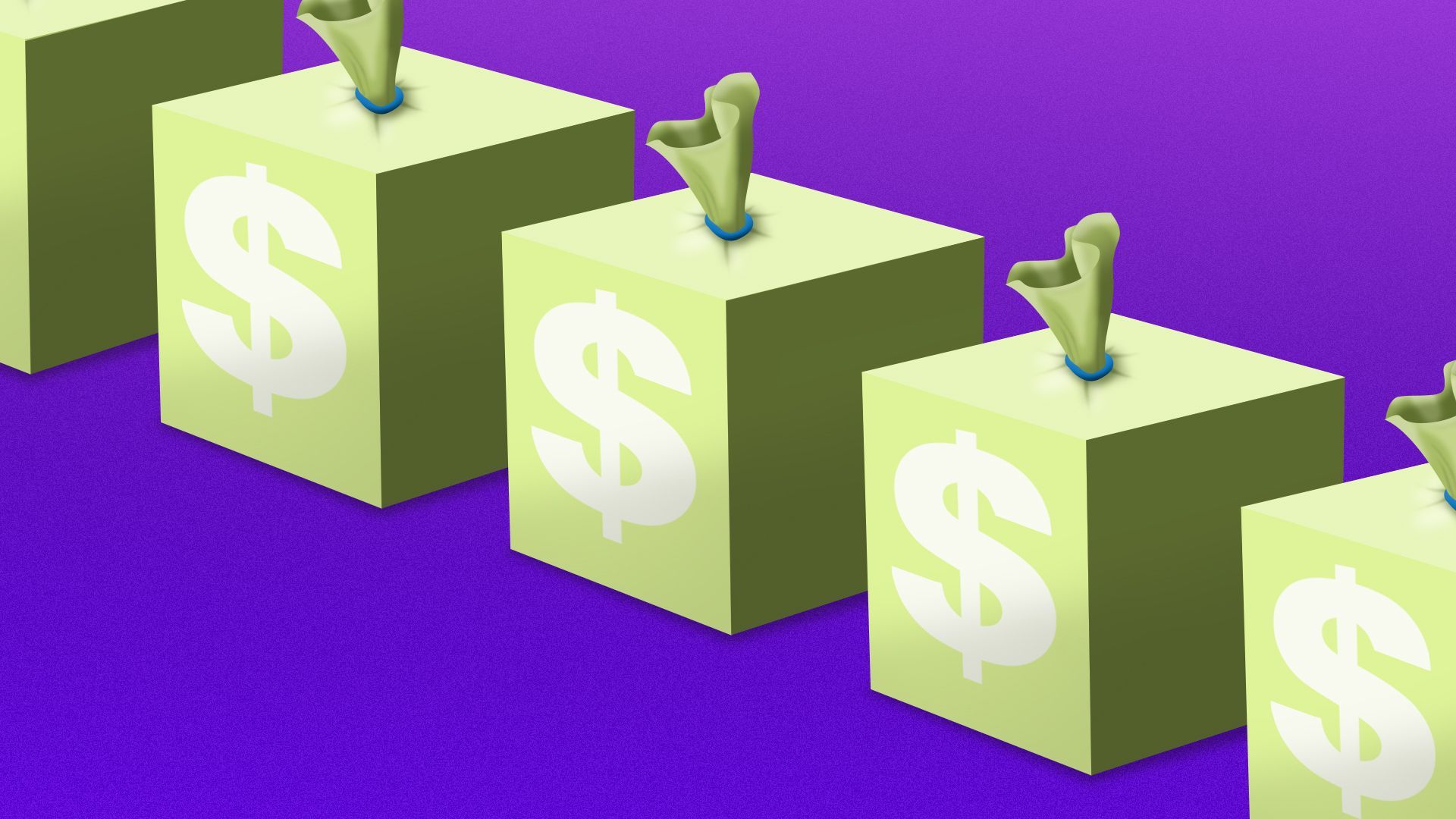 Illustration of a row of cube-shaped bags of money