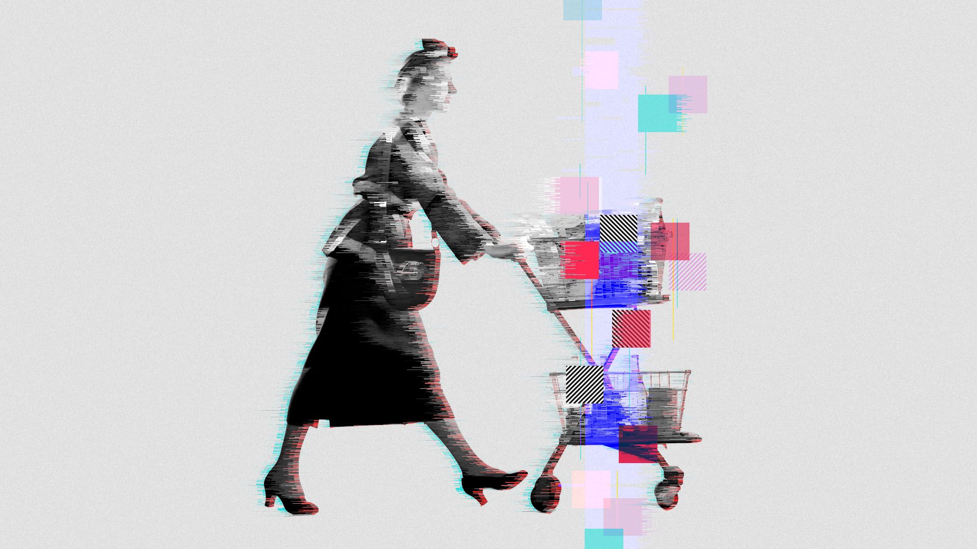 Illustration of a woman pushing a shopping card interrupted by cubes and glitches