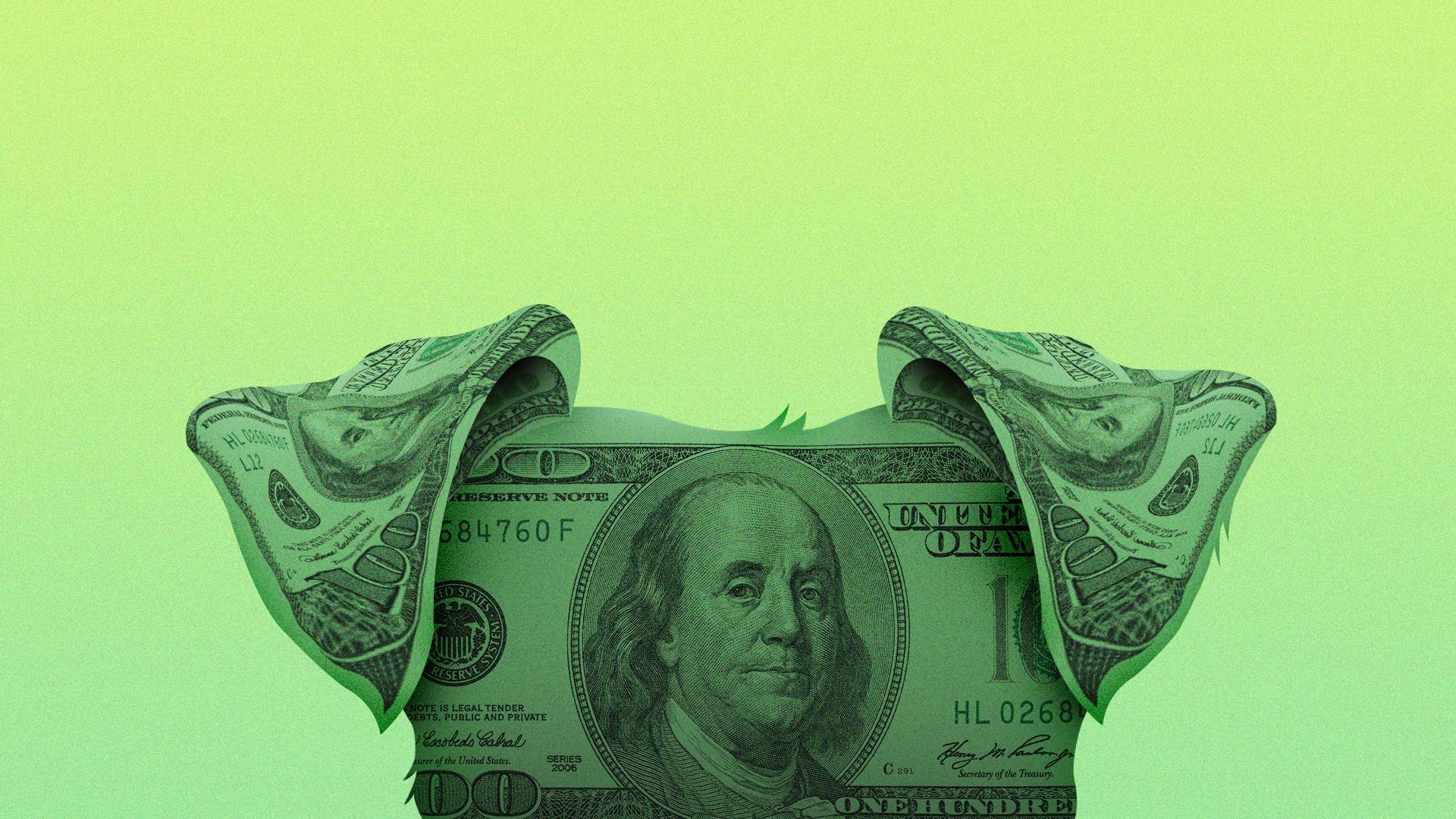 Illustration of hundred dollar bills in the shape of a dog's head and two floppy ears.