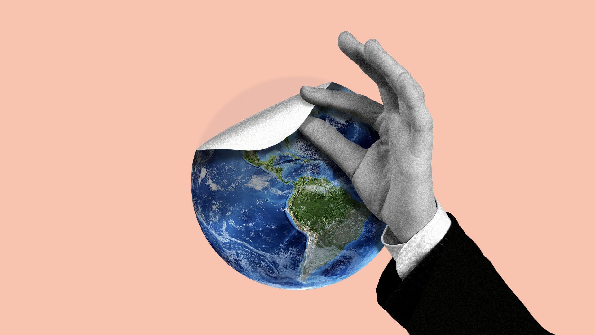 Illustration of a hand in a suit peeling back a sticker of the earth