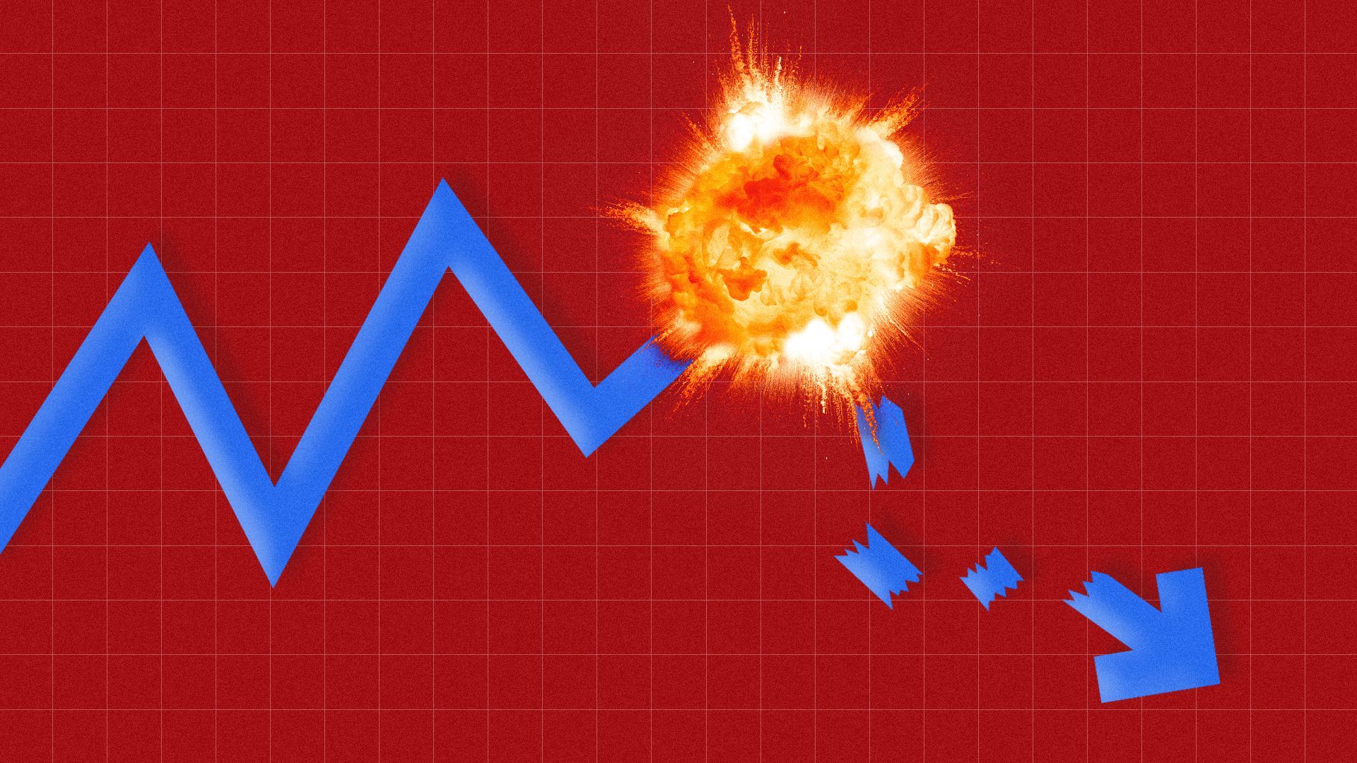 Illustration of an explosion on on a trend line, sending pieces falling.