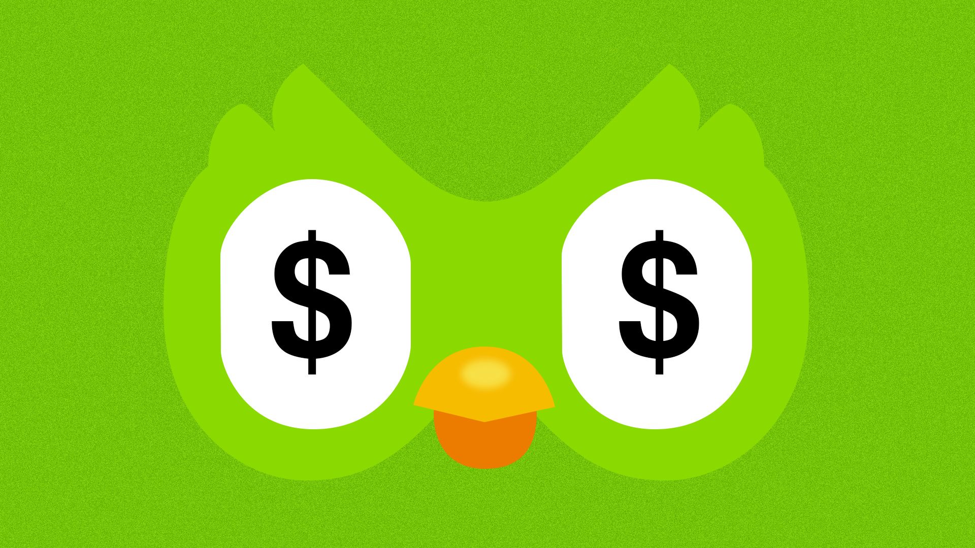 Illustration of the duolingo owl with dollar signs as eyes.