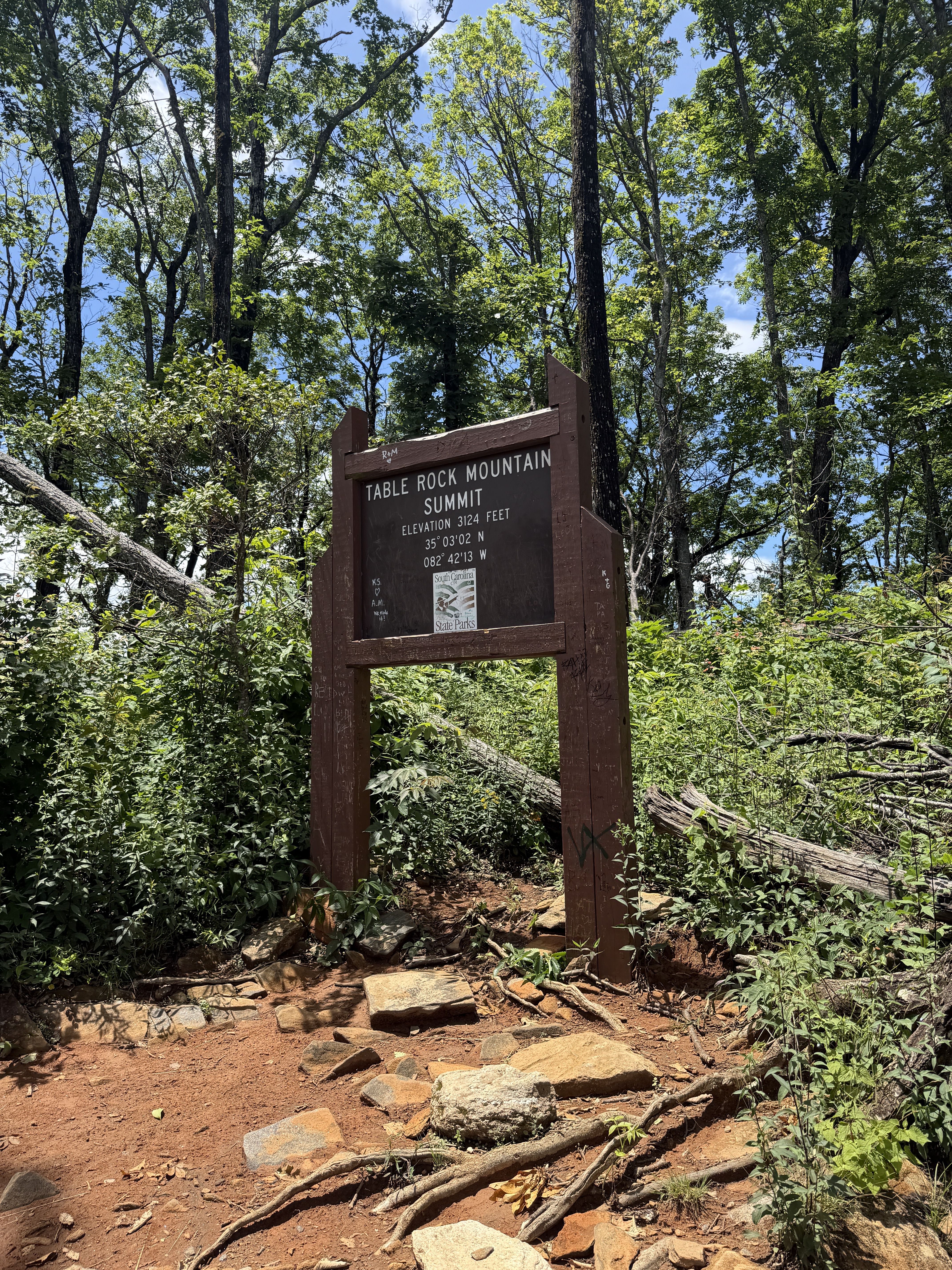 Brown wooden sign reading "TABLE ROCK MOUNTAIN SUMMIT" stands among green trees under a blue sky. Sign lists elevation 3124 feet and coordinates 35°03'02" N, 082°42'13" W, with a dirt path and exposed roots.