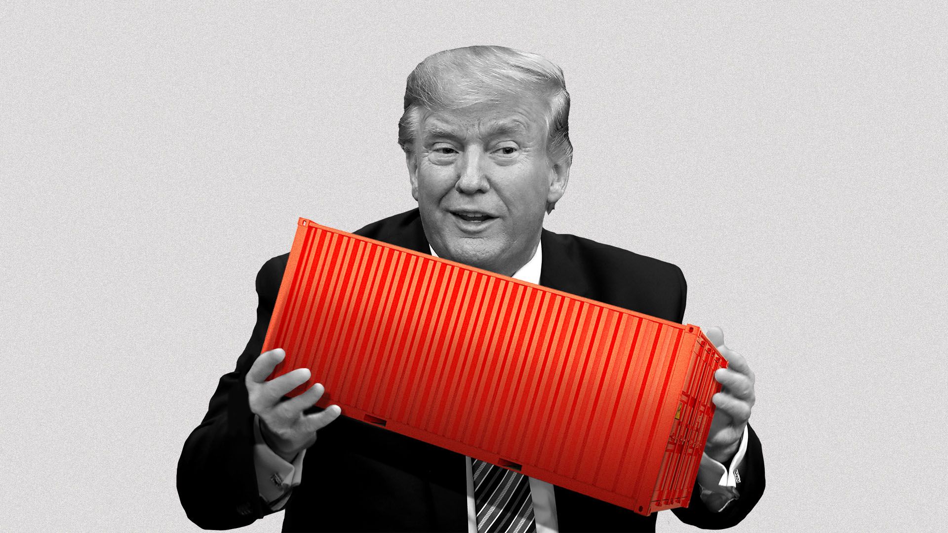 Illustration of President Trump smiling and holding a shipping container