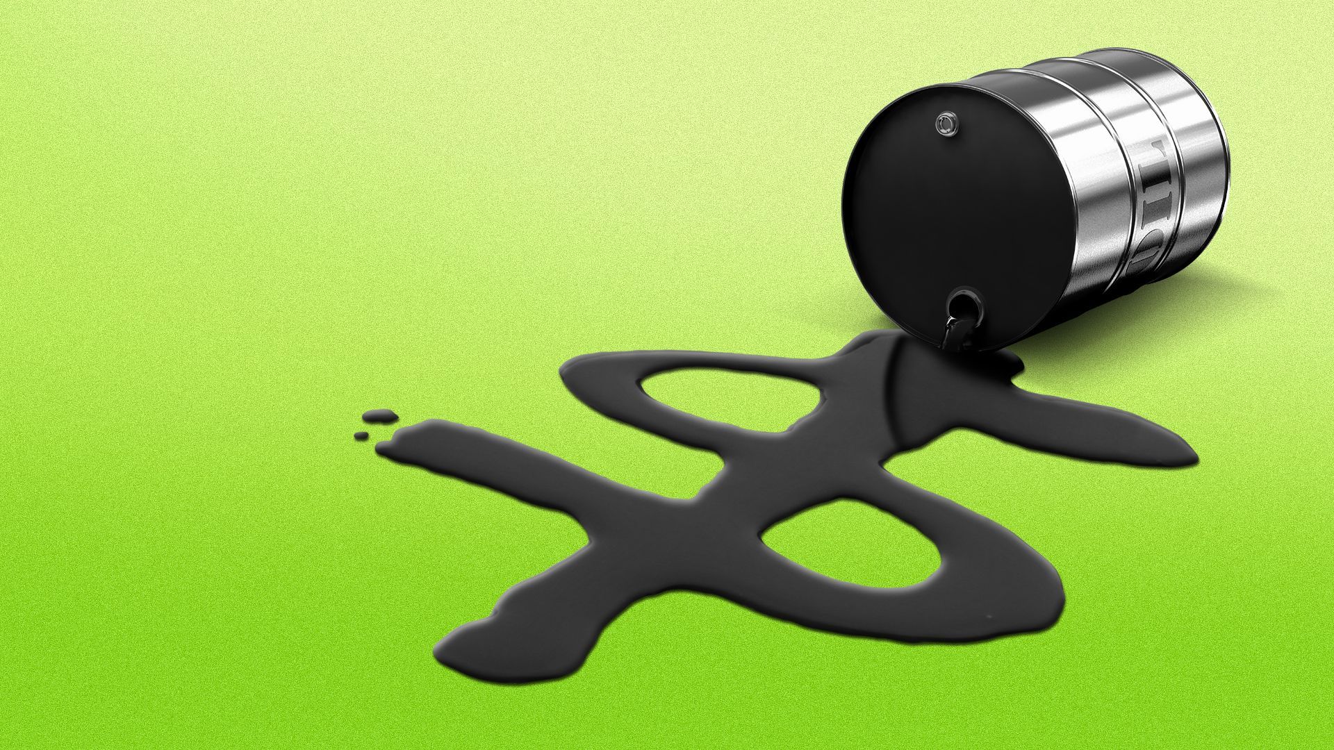 Illustration of an overturned barrel of oil forming a dollar sign shaped puddle