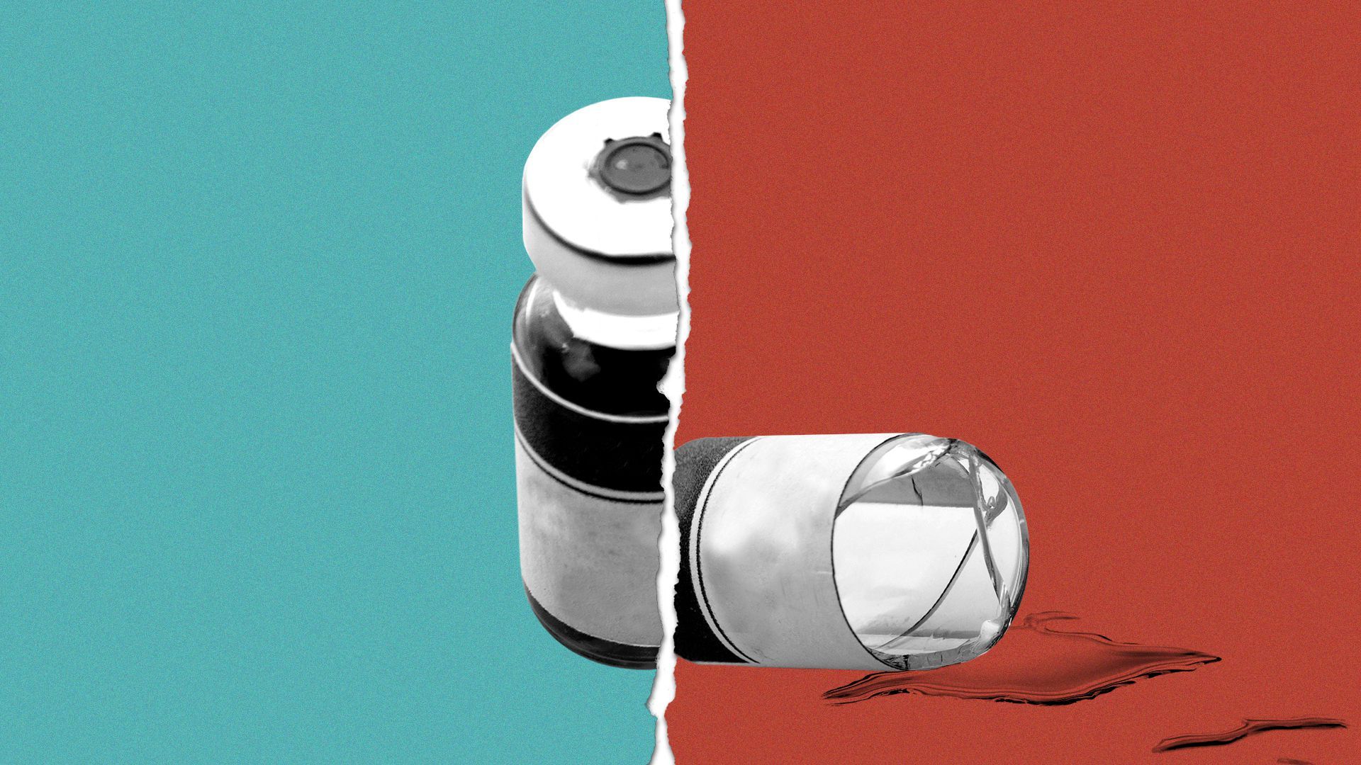 Illustration of an upright vaccine vial, and a paper tear revealing another, broken vial.