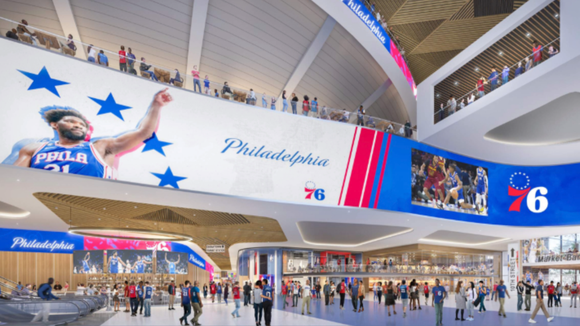 A rendering of the inside of the Sixers proposed arena for Center City Philadelphia