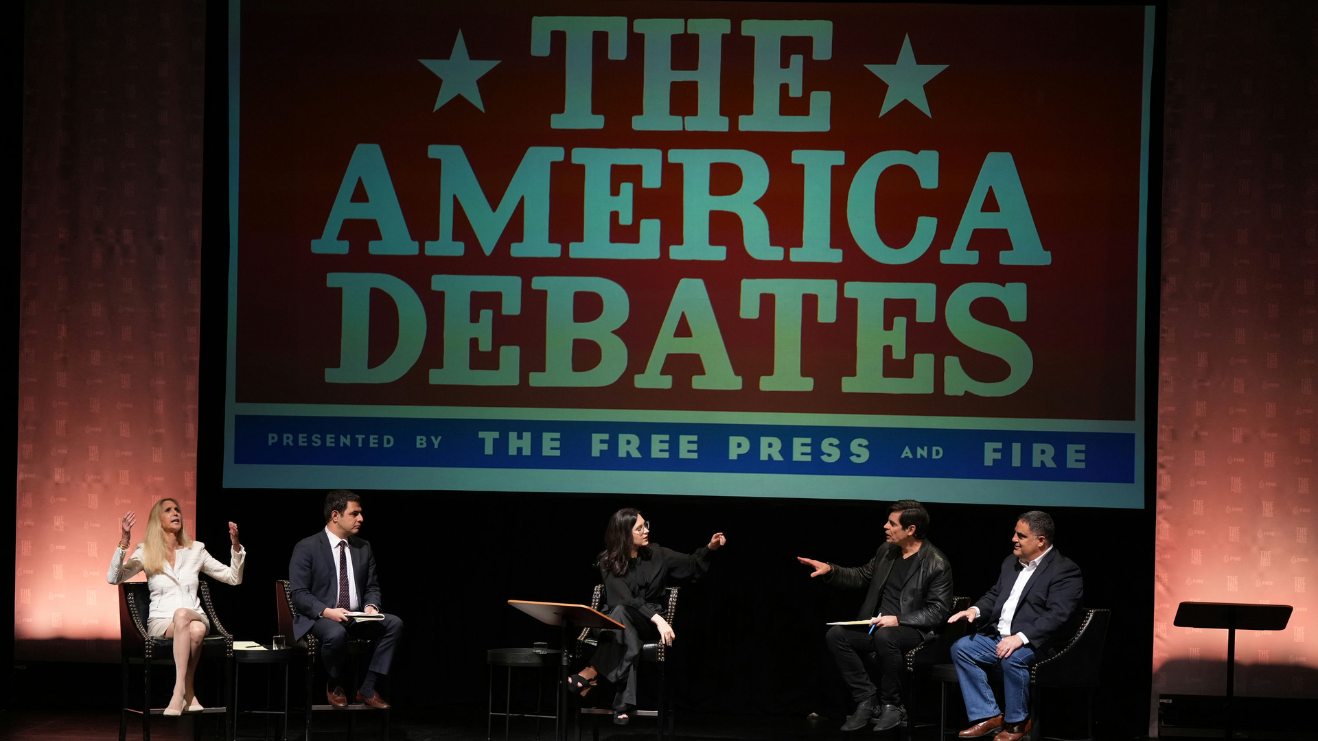 Photo: The Free Press hosts an immigration debate at the Majestic Theatre in downtown Dallas, Texas in April 24. (Left to right: Ann Coulter, Sohrab Ahmari, Bari Weiss, Nick Gillespie and Cenk Uygur). Photo credit: Jeffrey McWhorter for The Free Press