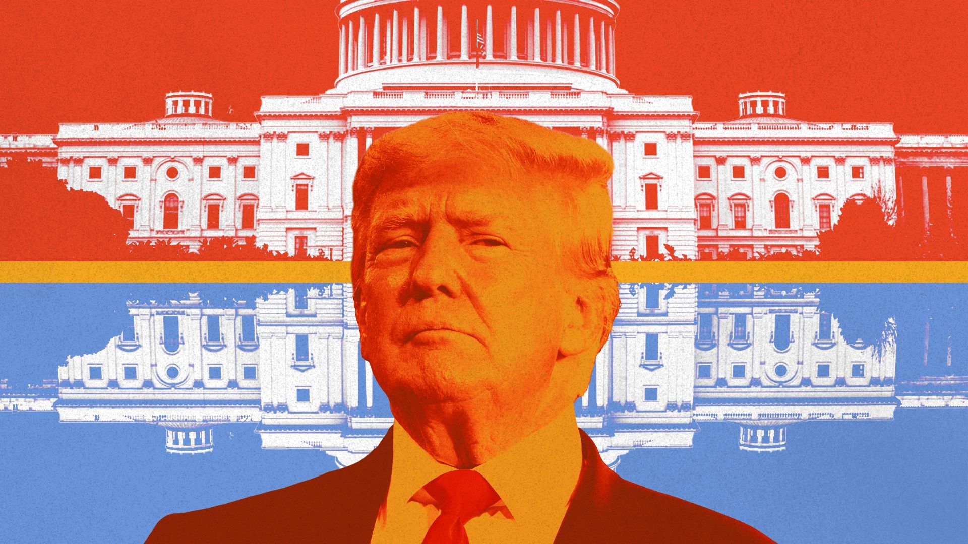 Photo illustration of former President Trump with the U.S. Capitol Building duplicated in the background behind him