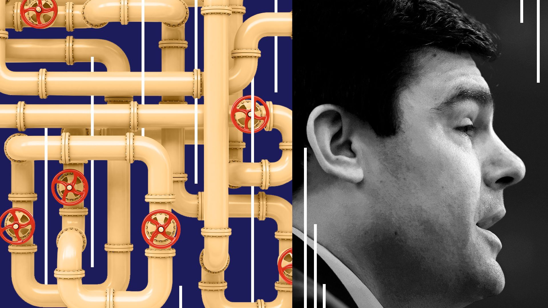 Photo illustration of Toby Rice and abstract pipe patterns.