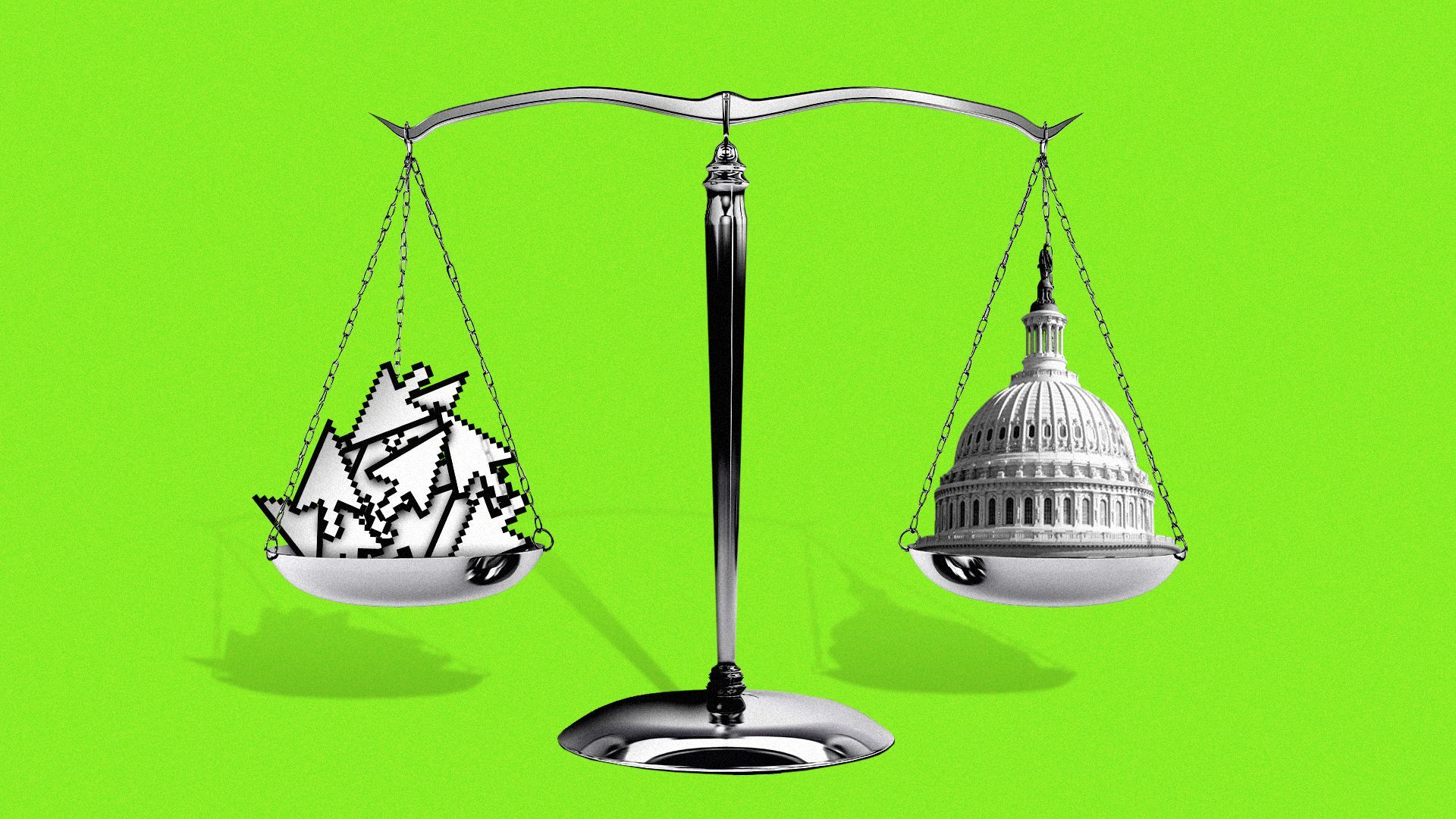 Illustration of the scales of justice with one side full of a pile of cursors and one side with the Capitol Dome. 